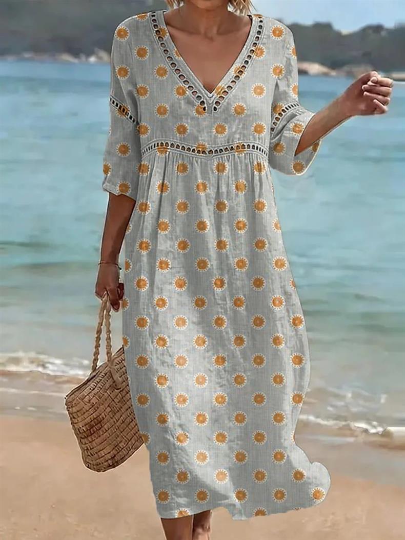 Deep V-neck 3D print midi dress with irregular hem