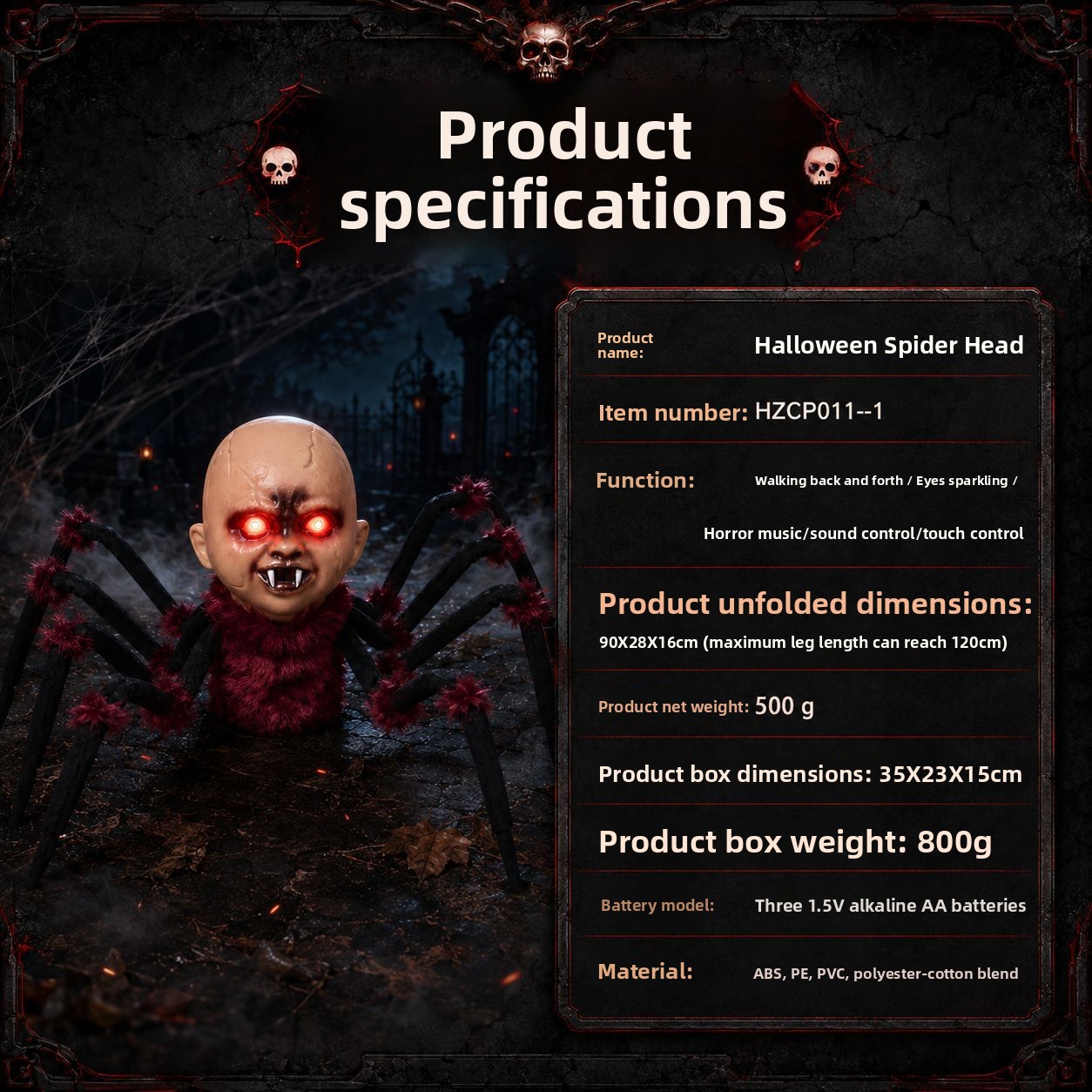 Animated Halloween Spider Head Prop with Sound and Light Effects - product details