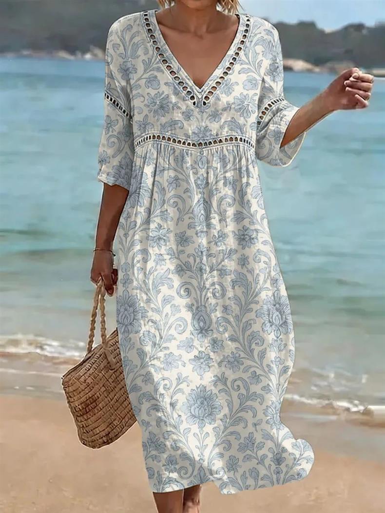 Deep V-neck 3D print midi dress with irregular hem