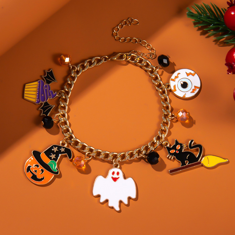 Halloween Charm Bracelet - Pumpkin, Ghost and Witch Hat - Alloy - product details
