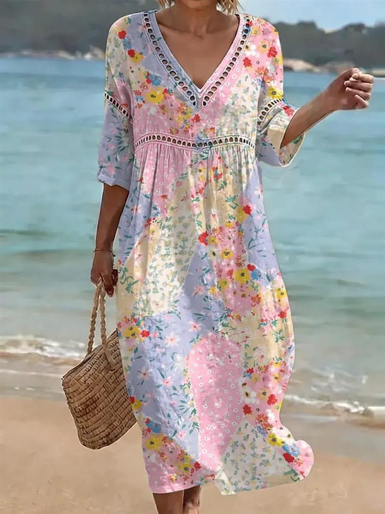Deep V-neck 3D print midi dress with irregular hem