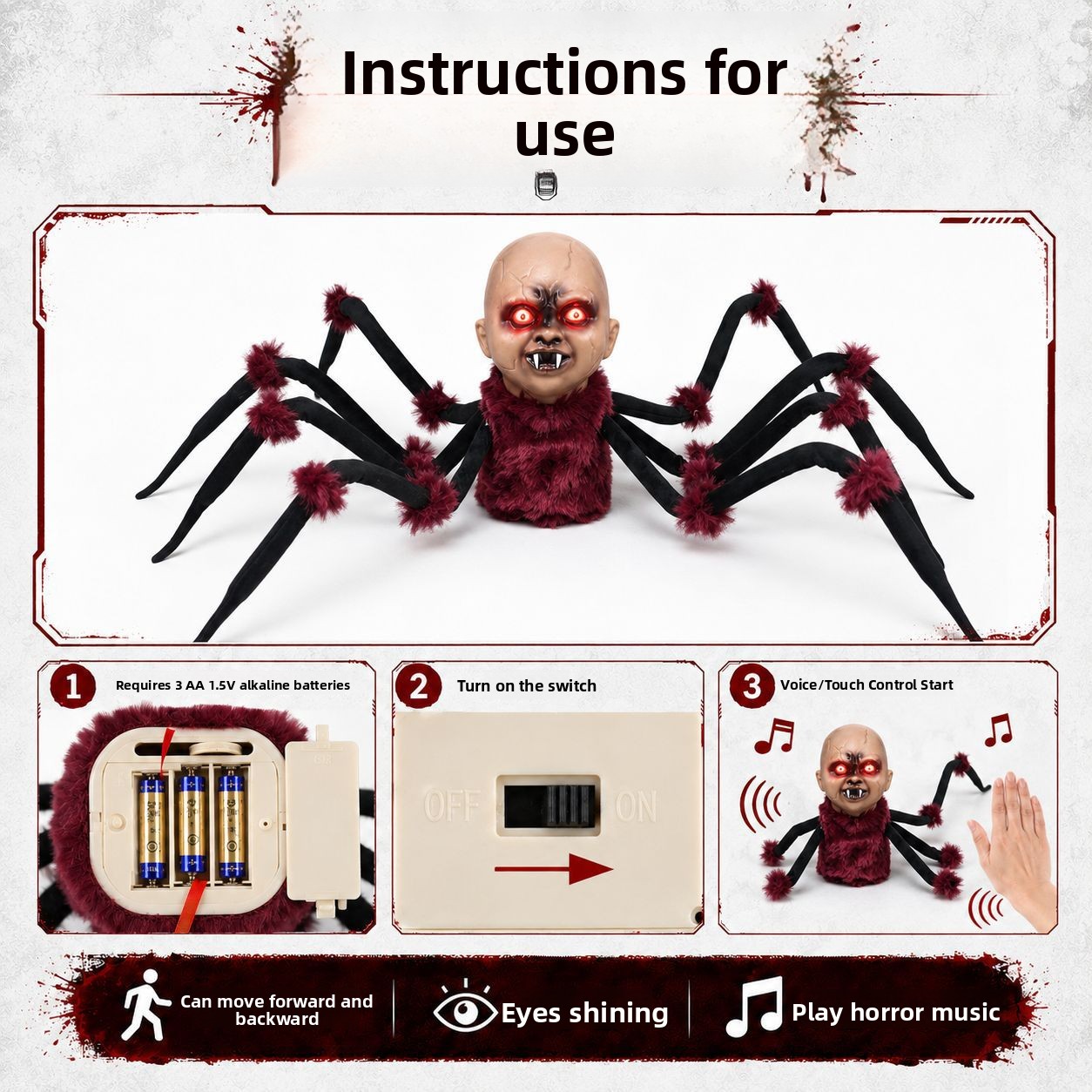 Animated Halloween Spider Head Prop with Sound and Light Effects - product details