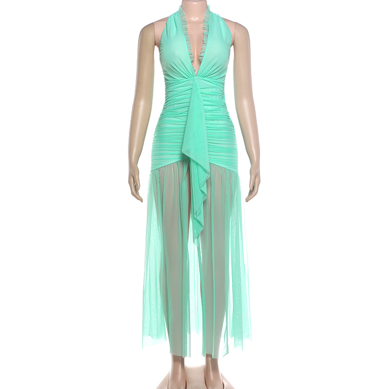 Pleated halter dress back styling