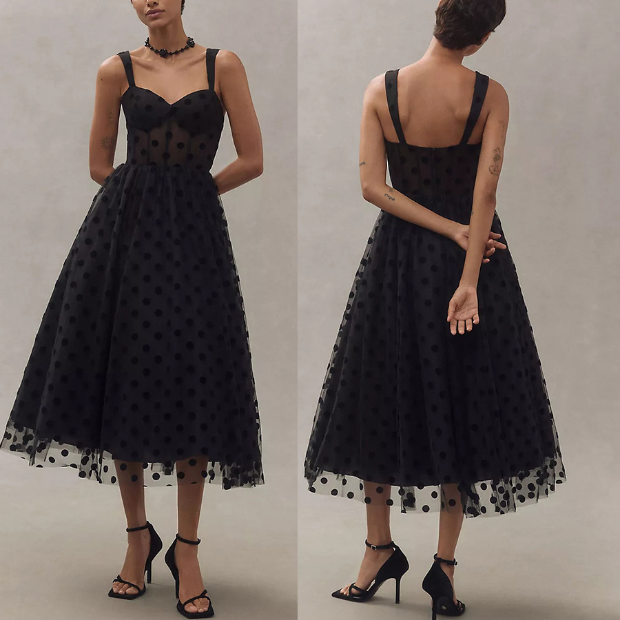 Black V-neck mesh dress front view
