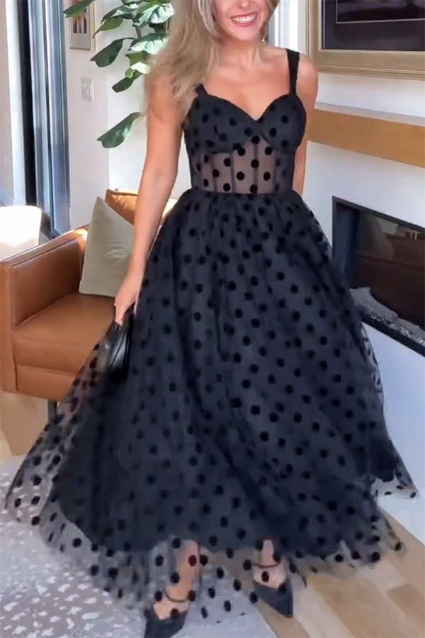 Women's black dotted maxi dress final view