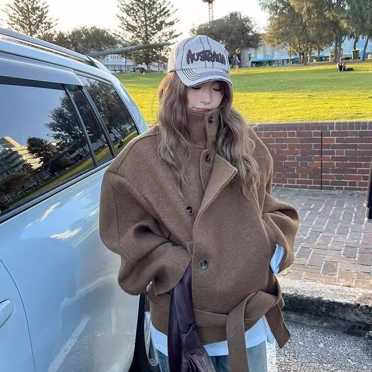 Brown women's stand collar coat