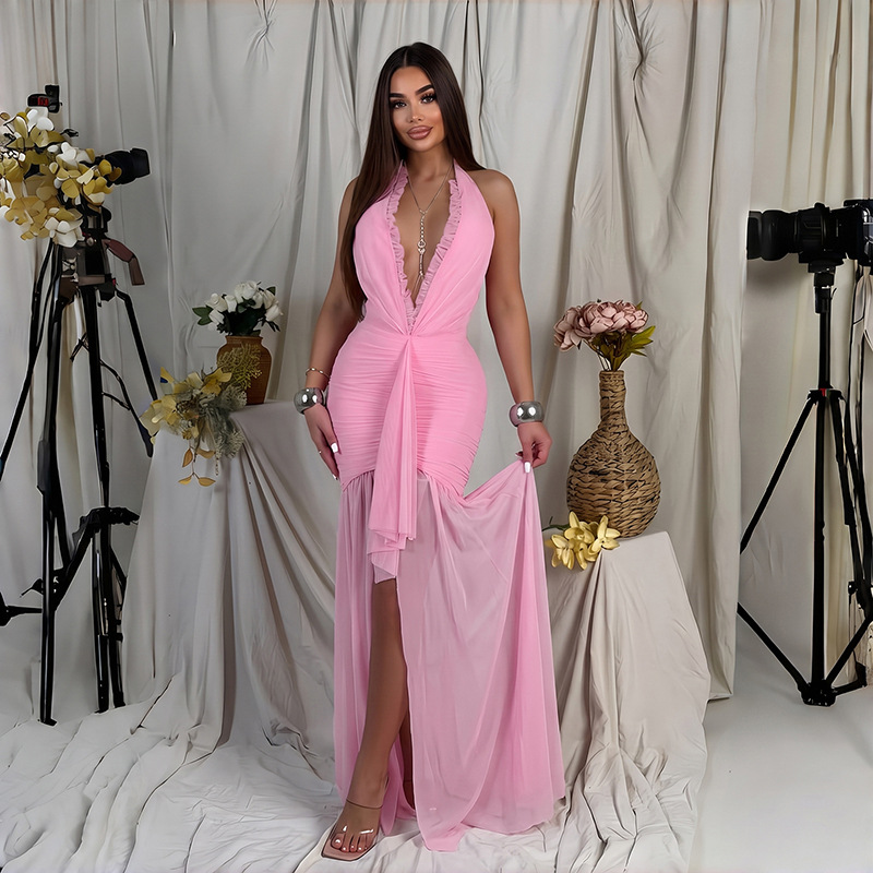 Women's V-neck pleated dress detail