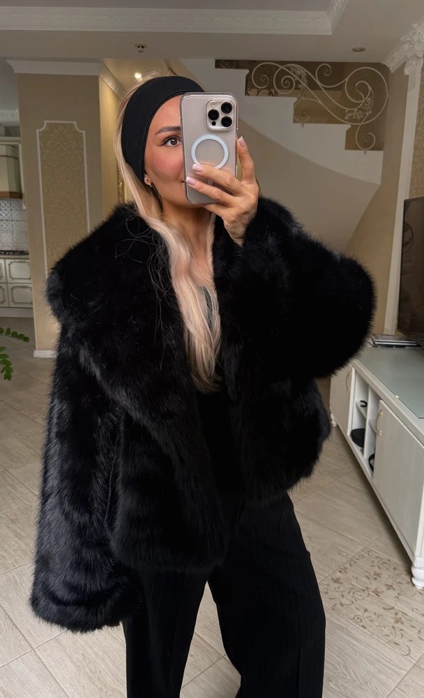 Women's short faux fur jacket final product view