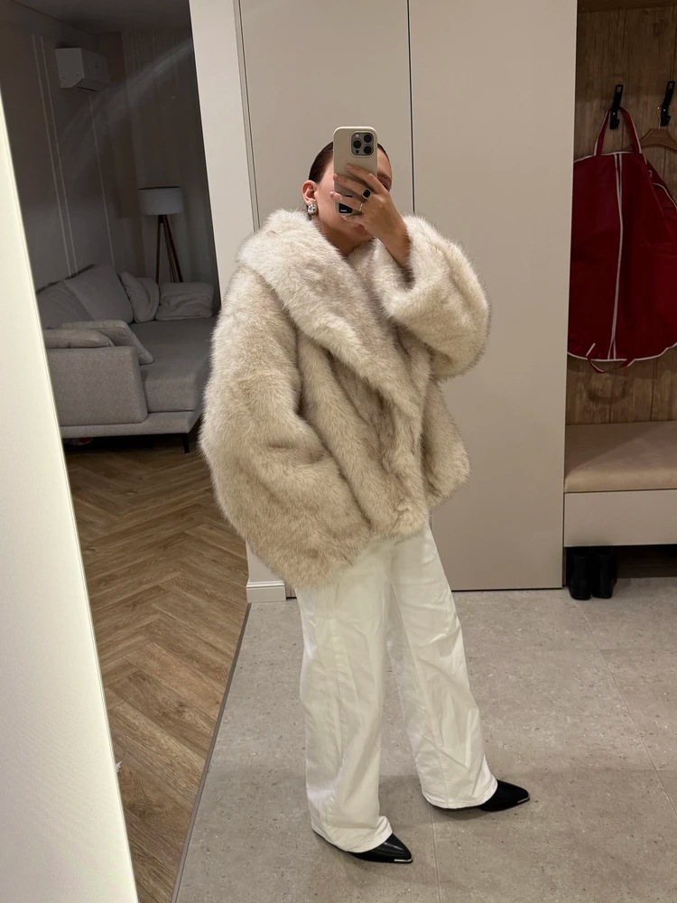 Short faux fur outerwear styling
