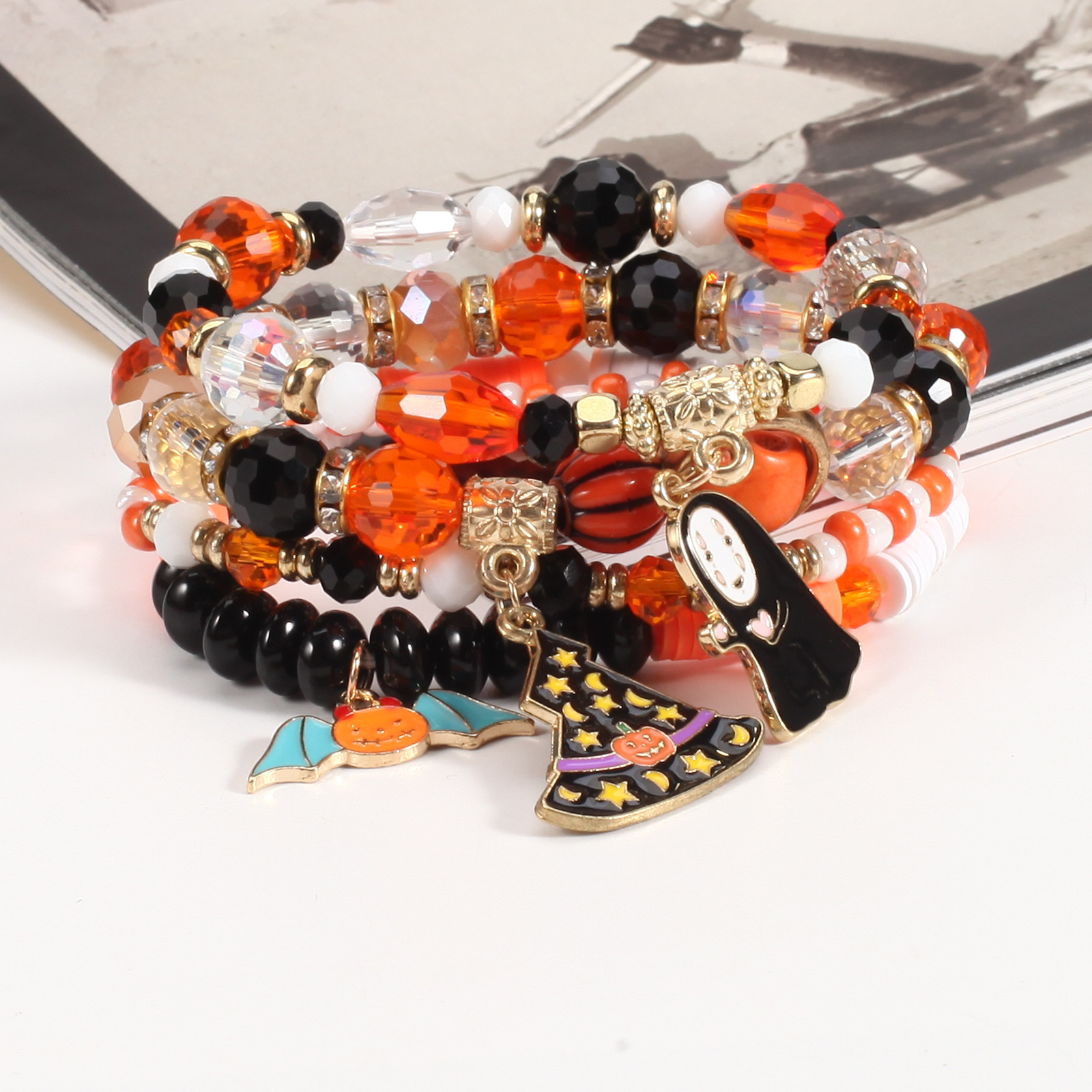Halloween Bracelet with Ghost Pumpkin Skull Pendant Beaded Party Jewelry