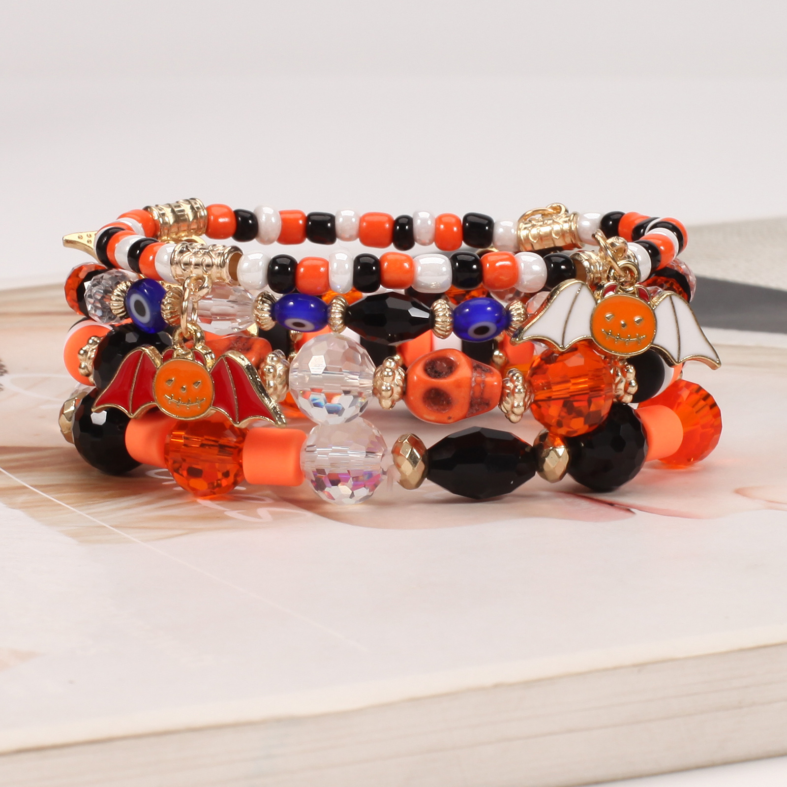 Halloween Bracelet with Ghost Pumpkin Skull Pendant Beaded Party Jewelry