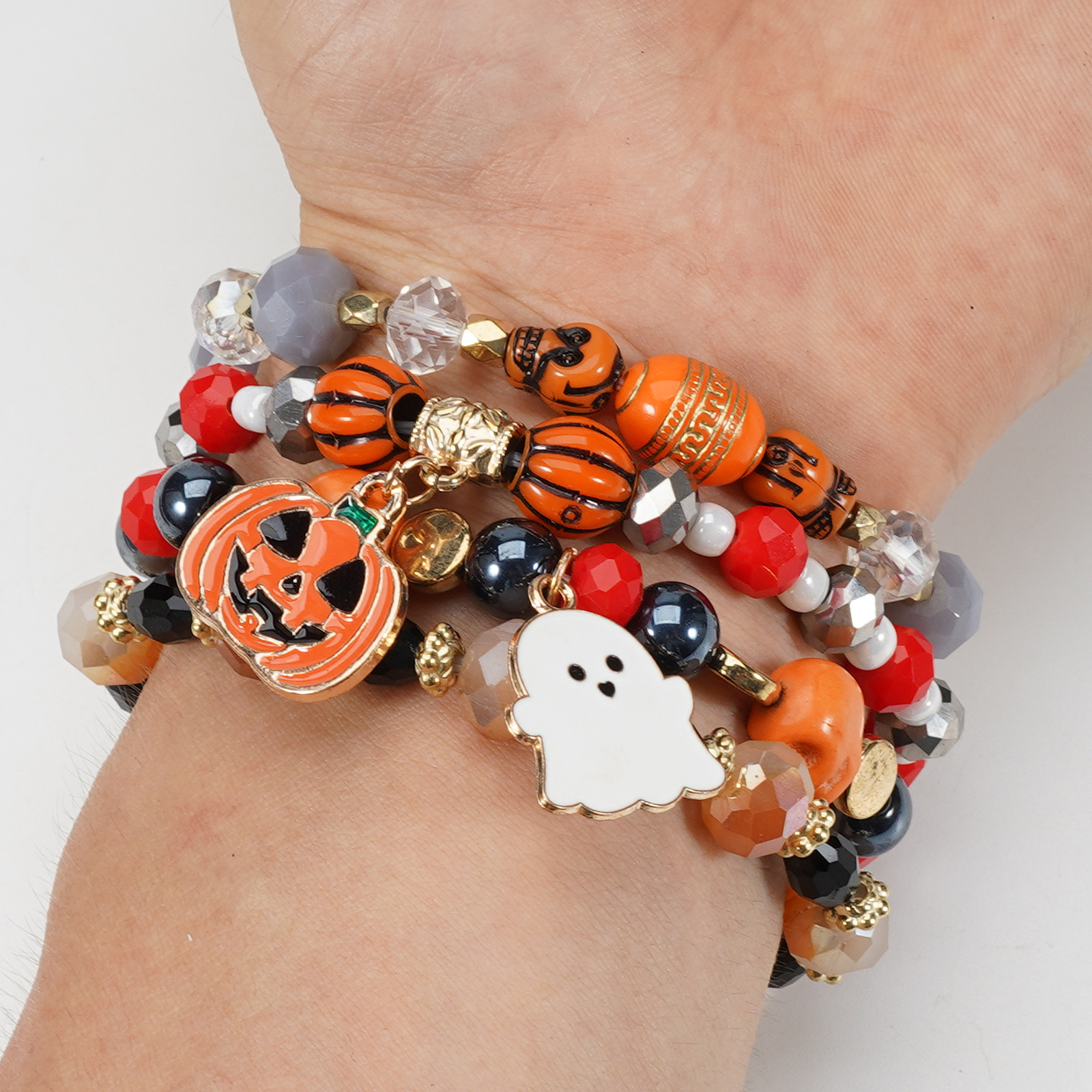 Halloween Bracelet with Ghost Pumpkin Skull Pendant Beaded Party Jewelry