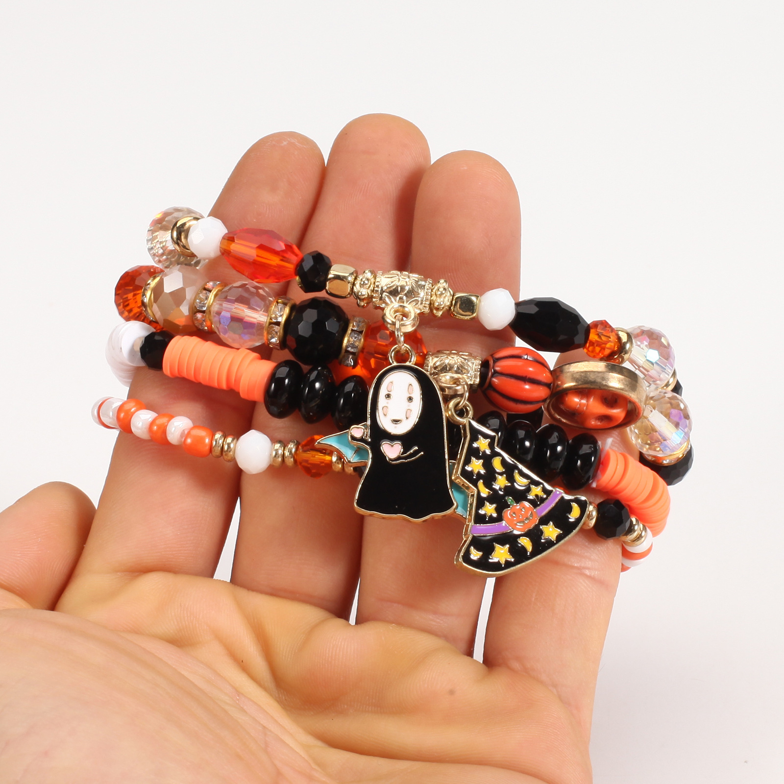 Halloween Bracelet with Ghost Pumpkin Skull Pendant Beaded Party Jewelry