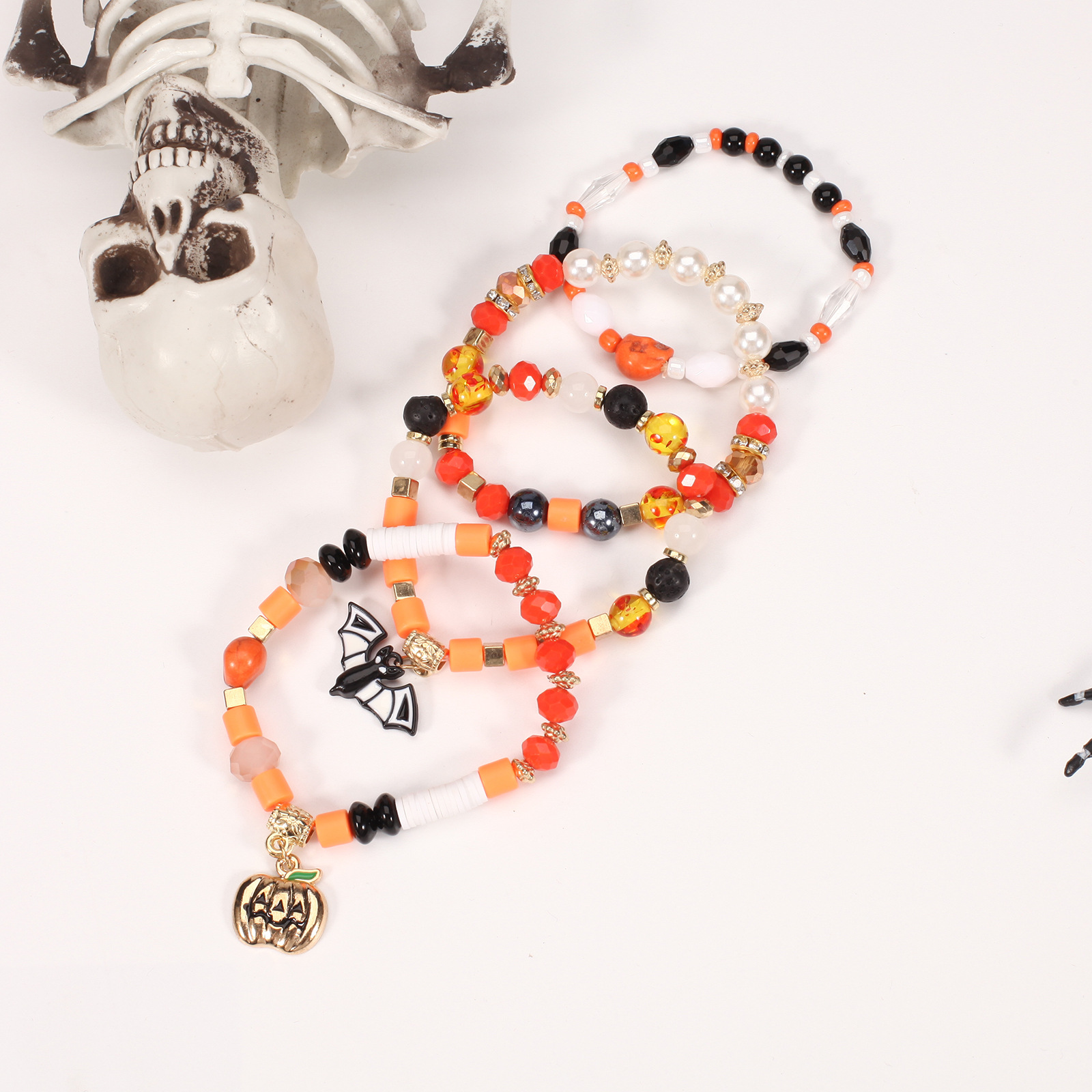 Halloween Bracelet with Ghost Pumpkin Skull Pendant Beaded Party Jewelry