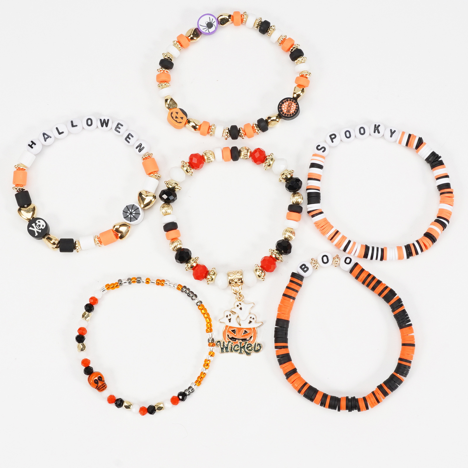 Halloween Bracelet with Ghost Pumpkin Skull Pendant Beaded Party Jewelry