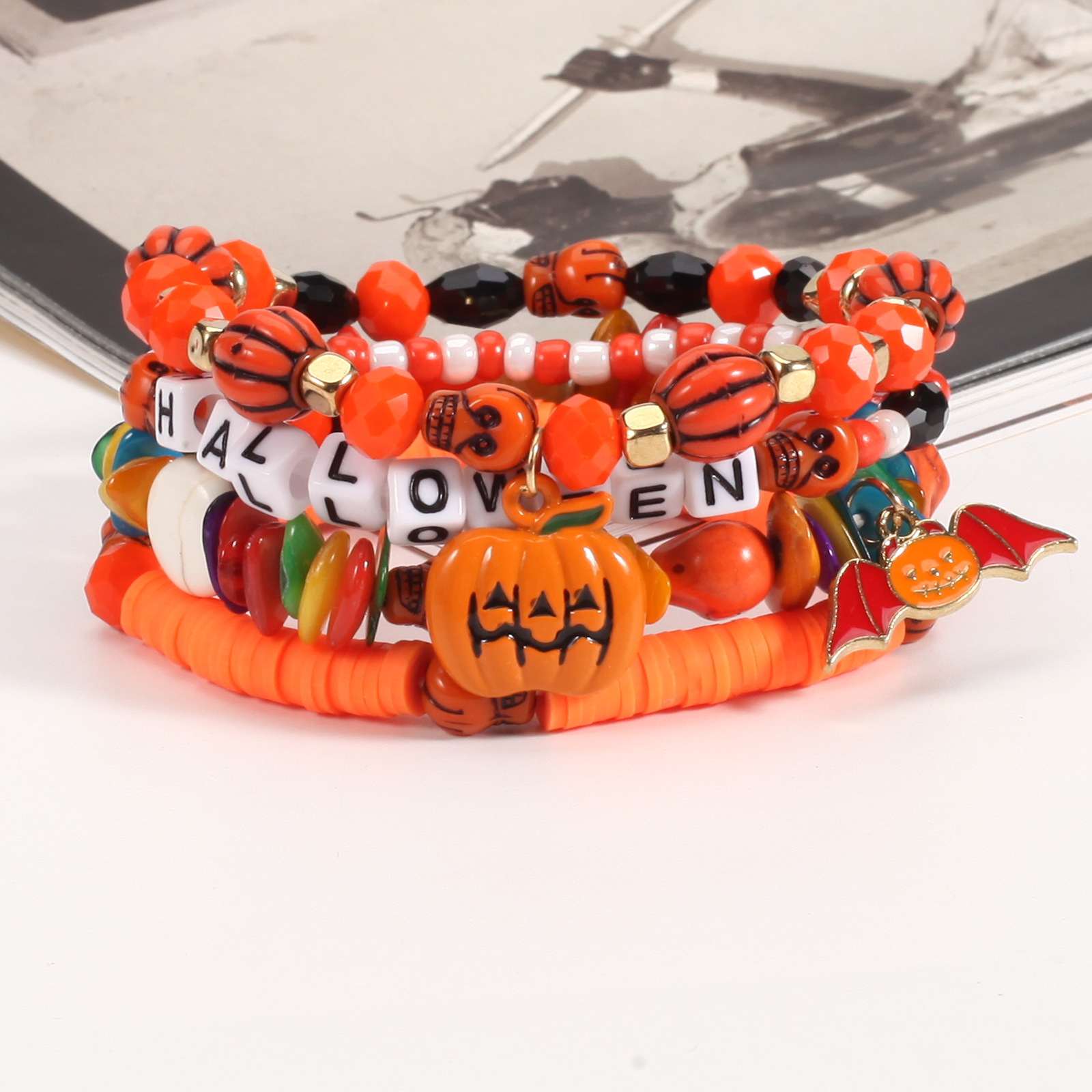 Halloween Bracelet with Ghost Pumpkin Skull Pendant Beaded Party Jewelry