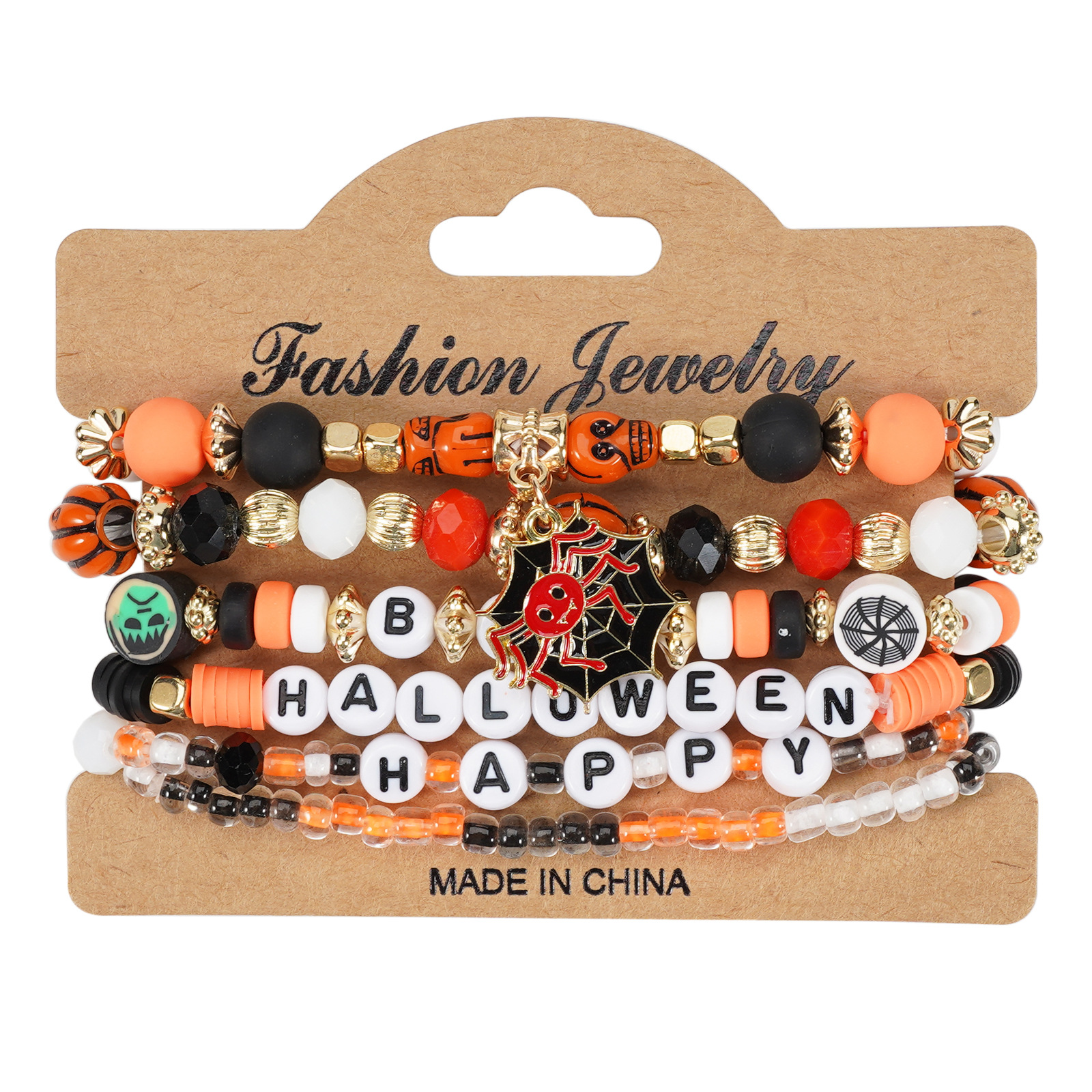 Halloween Bracelet with Ghost Pumpkin Skull Pendant Beaded Party Jewelry