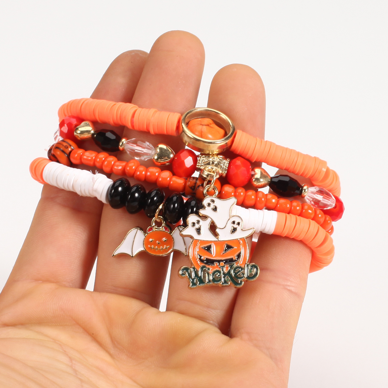 Halloween Bracelet with Ghost Pumpkin Skull Pendant Beaded Party Jewelry