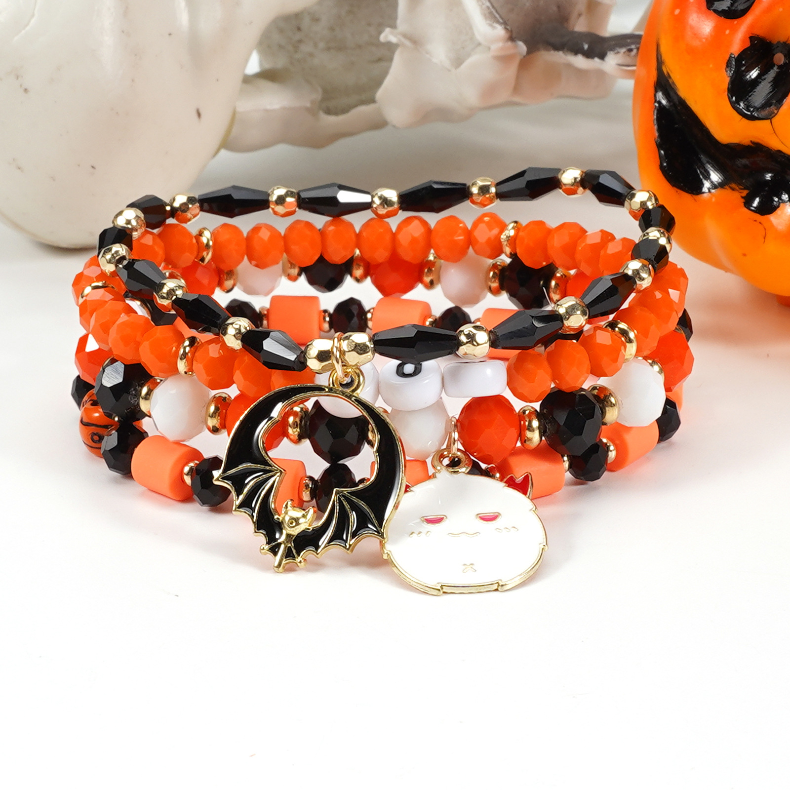 Halloween Bracelet with Ghost Pumpkin Skull Pendant Beaded Party Jewelry