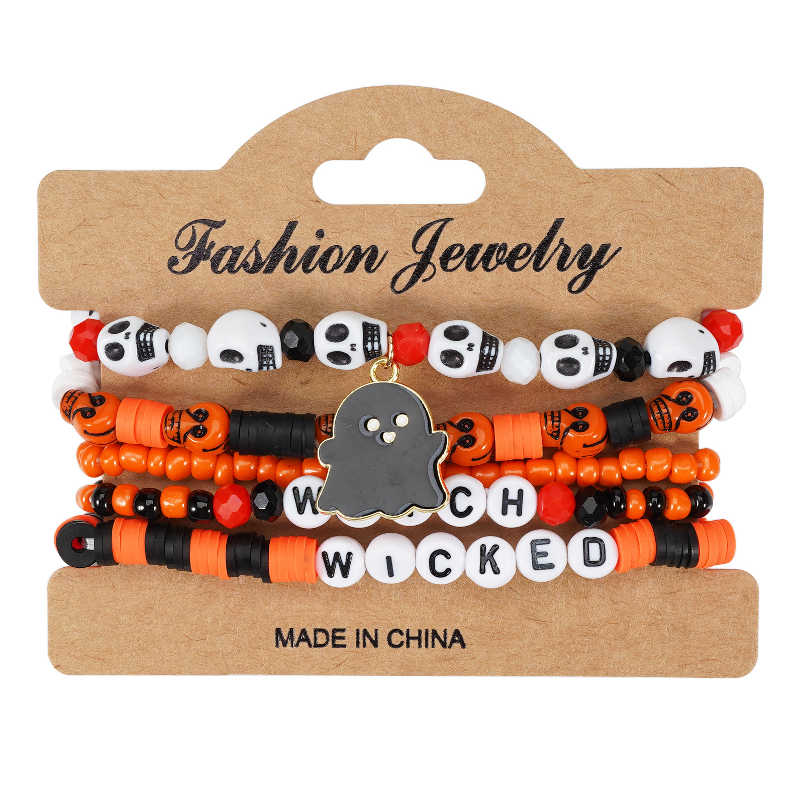 Halloween Bracelet with Ghost Pumpkin Skull Pendant Beaded Party Jewelry