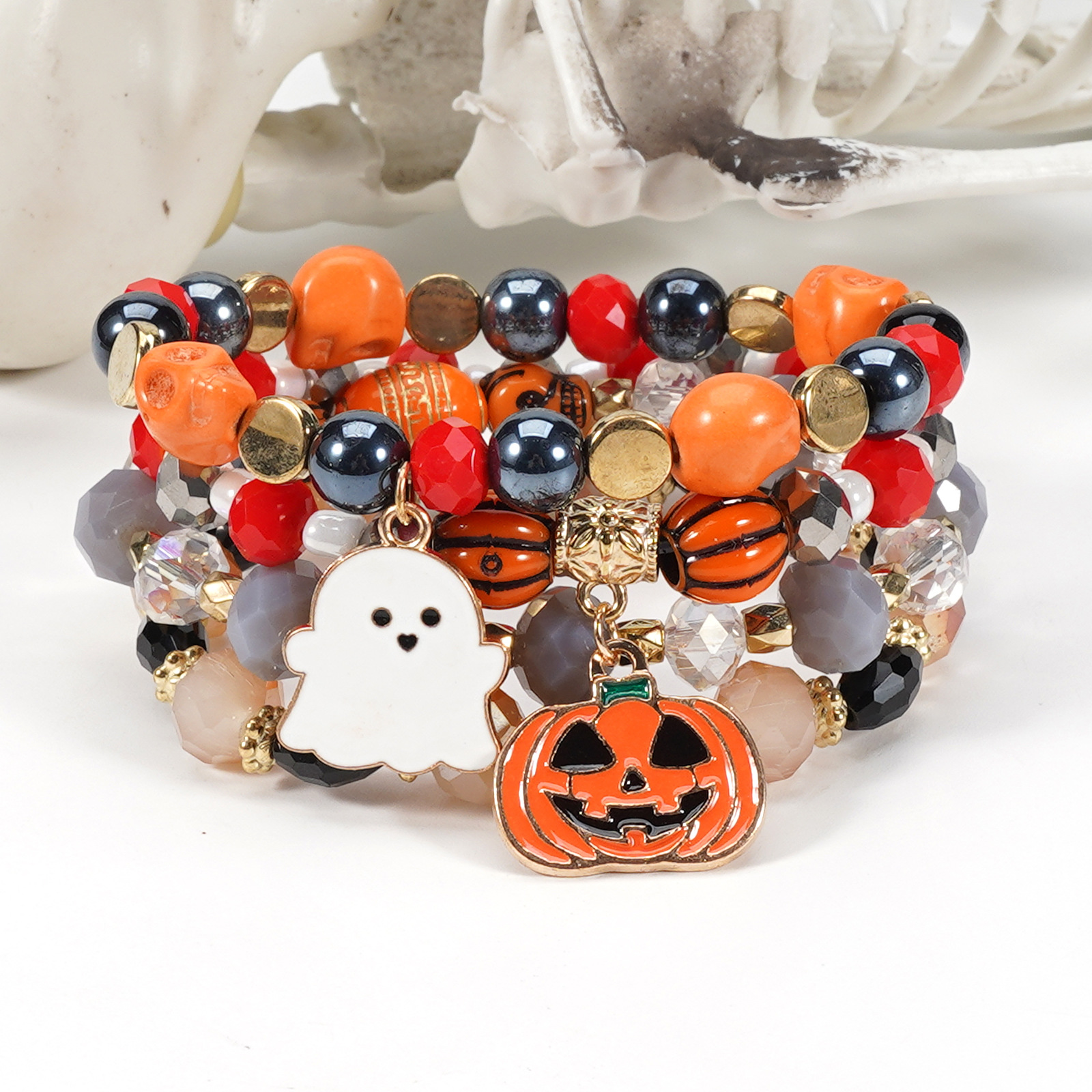 Halloween Bracelet with Ghost Pumpkin Skull Pendant Beaded Party Jewelry