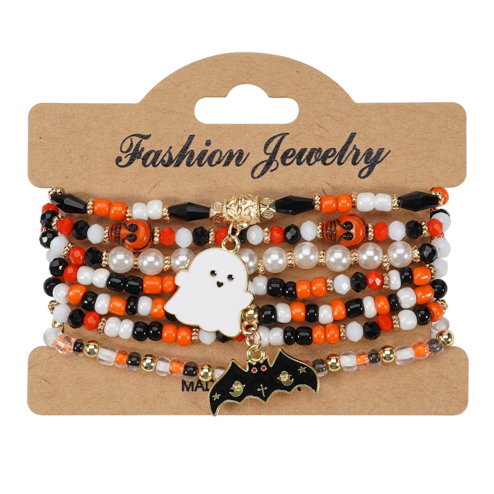 Halloween Bracelet with Ghost Pumpkin Skull Pendant Beaded Party Jewelry