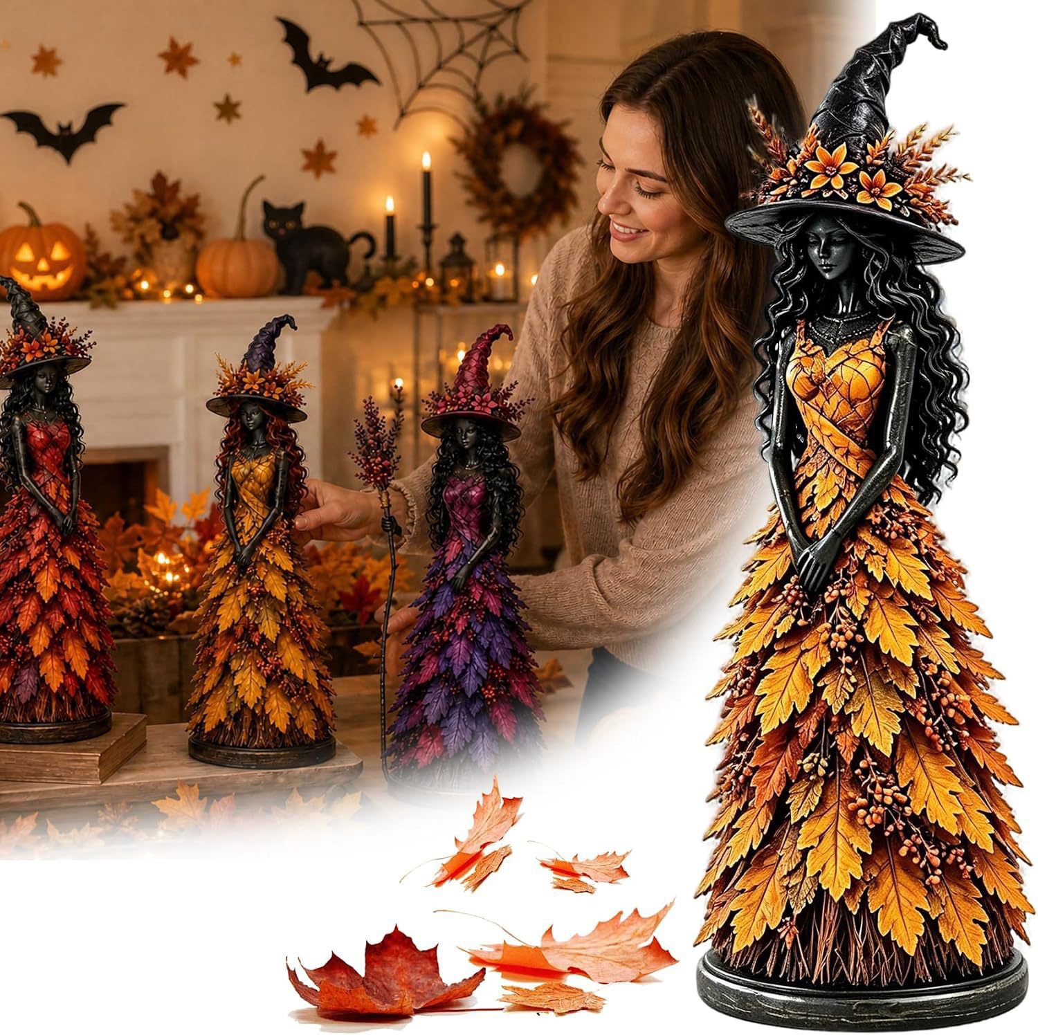 Enchanted Autumn Witch Resin Statue Halloween Magic Decor