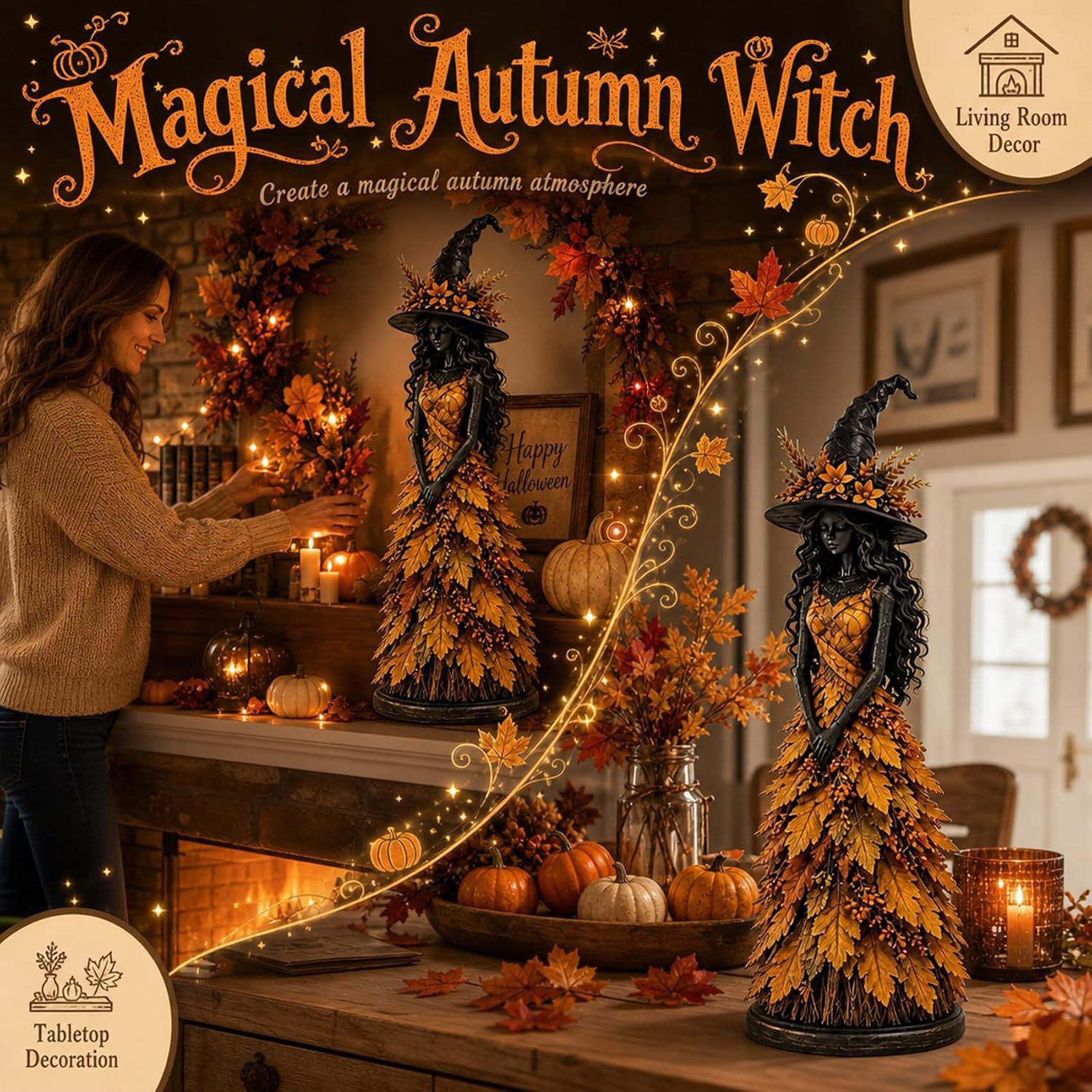 Enchanted Autumn Witch Resin Statue Halloween Magic Decor