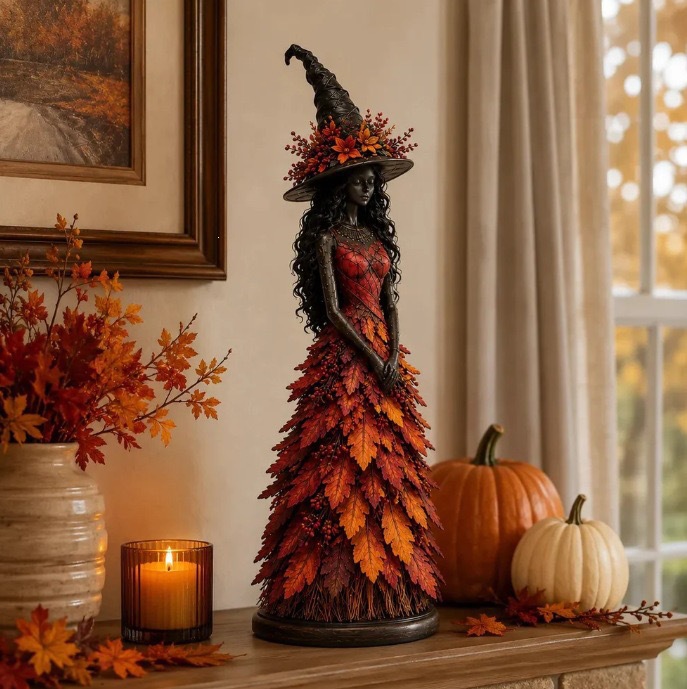 Enchanted Autumn Witch Resin Statue Halloween Magic Decor