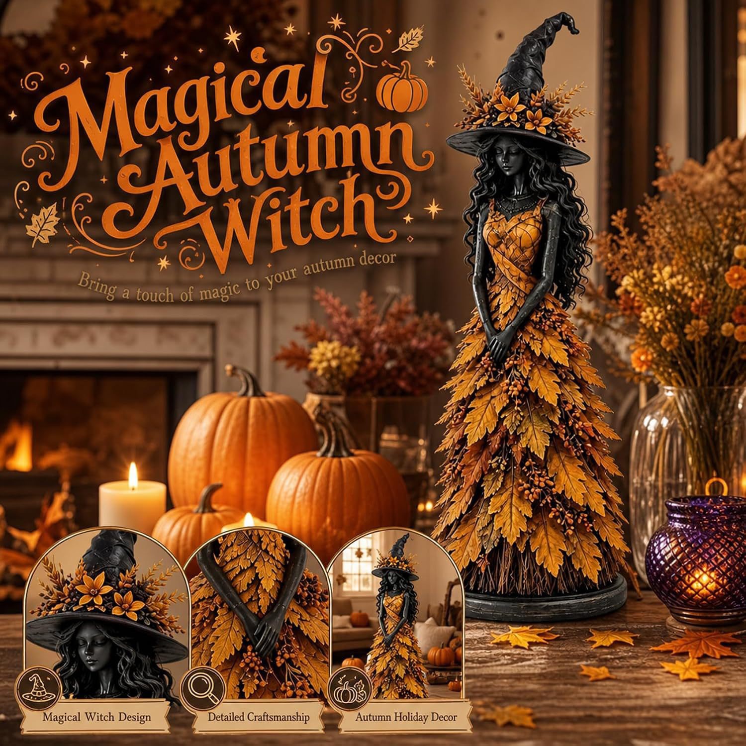 Enchanted Autumn Witch Resin Statue Halloween Magic Decor