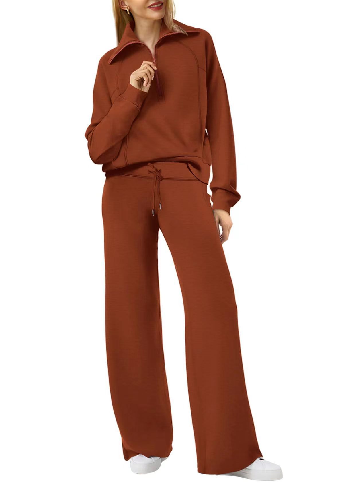 Zip-detail sweatshirt and pants outfit