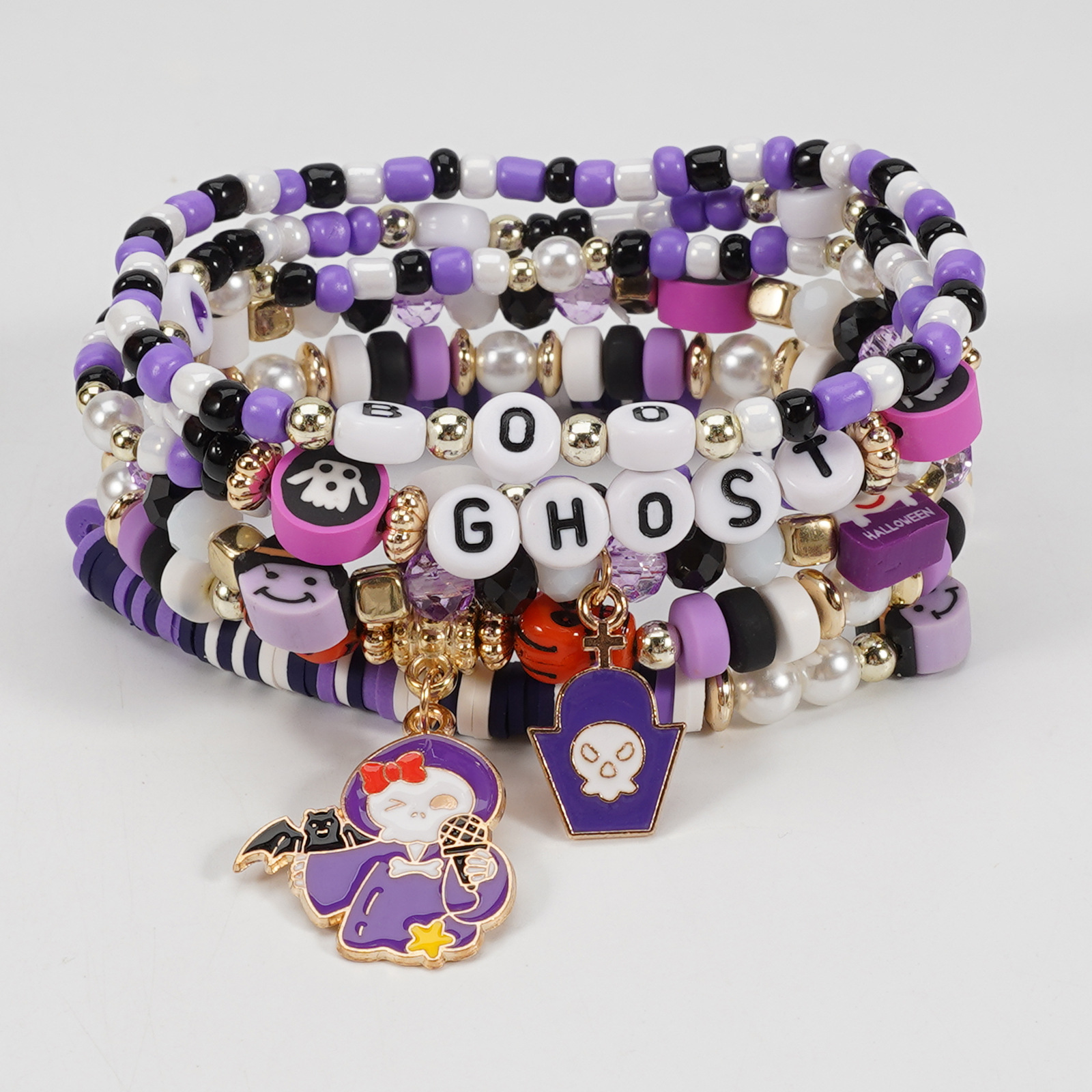 Halloween Beaded Bracelet with Ghost Pendant