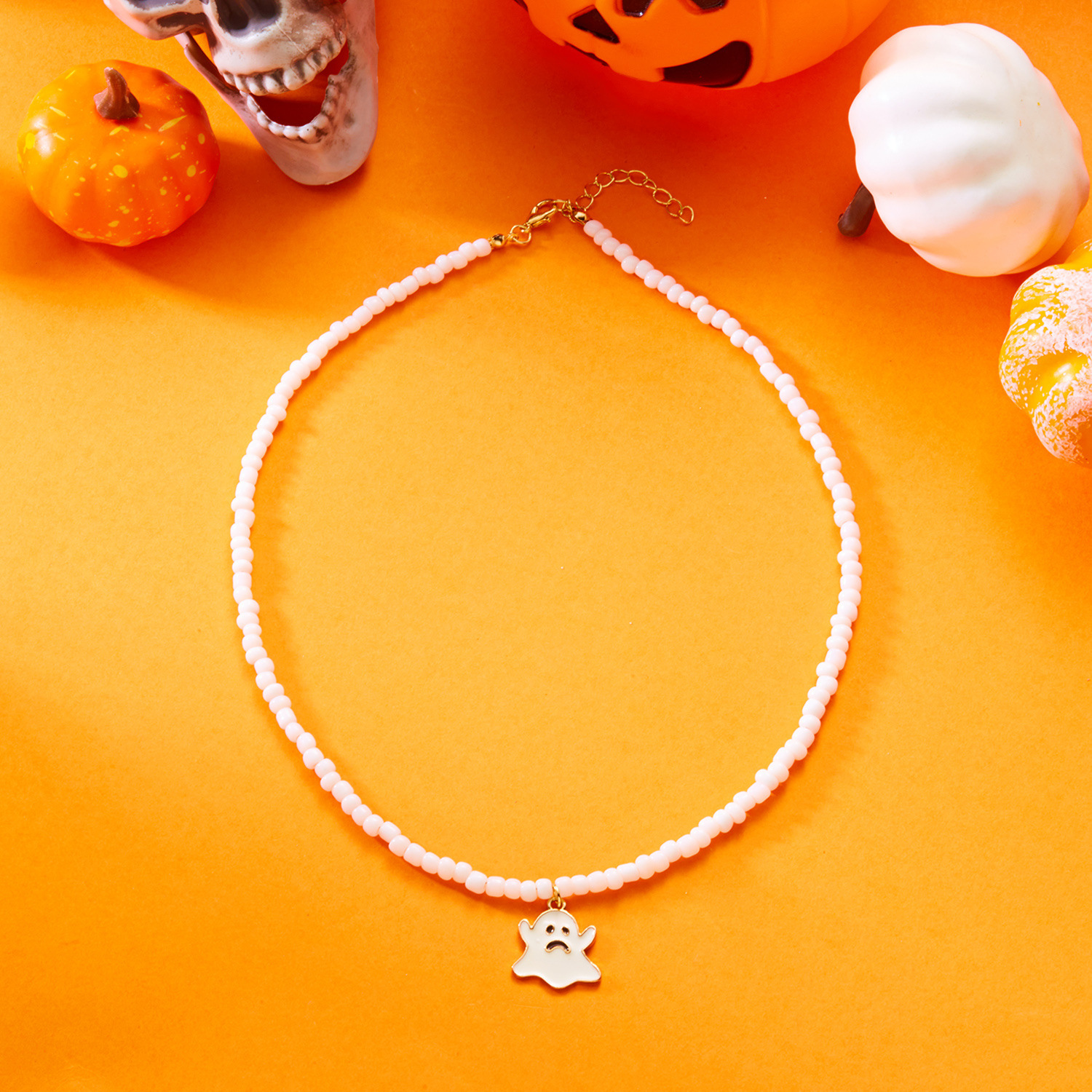 Halloween Beaded Ghost Pumpkin Pendant Necklace