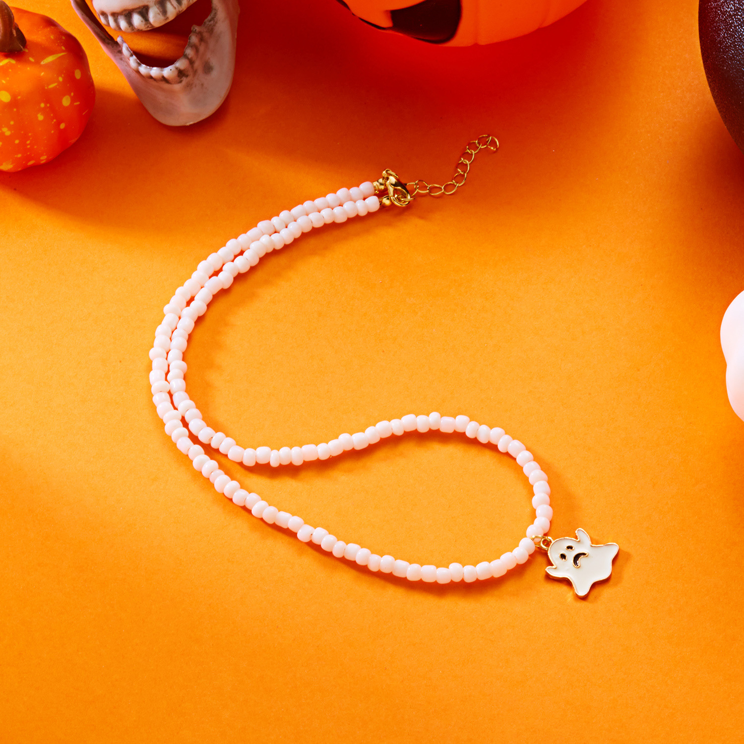 Halloween Beaded Ghost Pumpkin Pendant Necklace