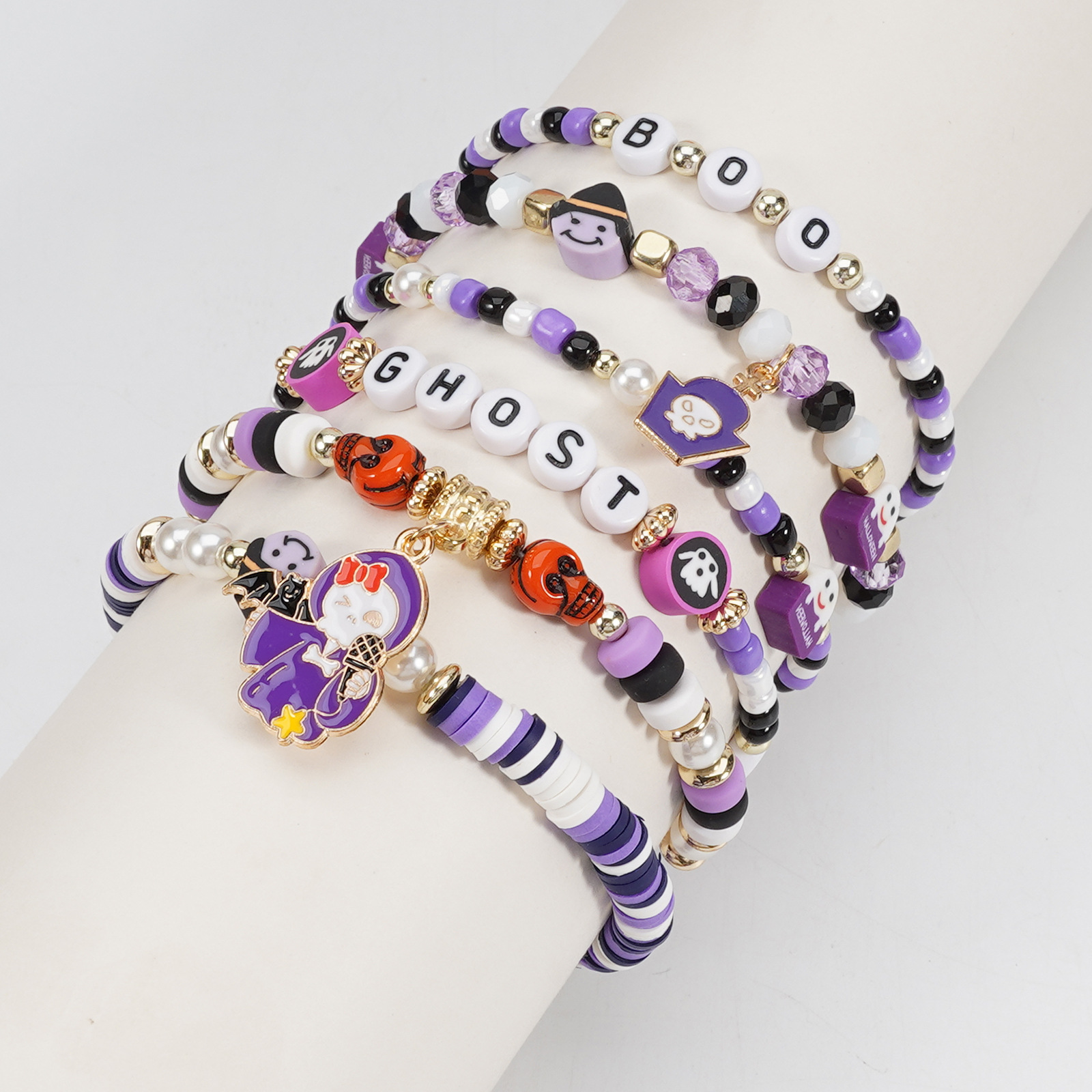 Halloween Beaded Bracelet with Ghost Pendant