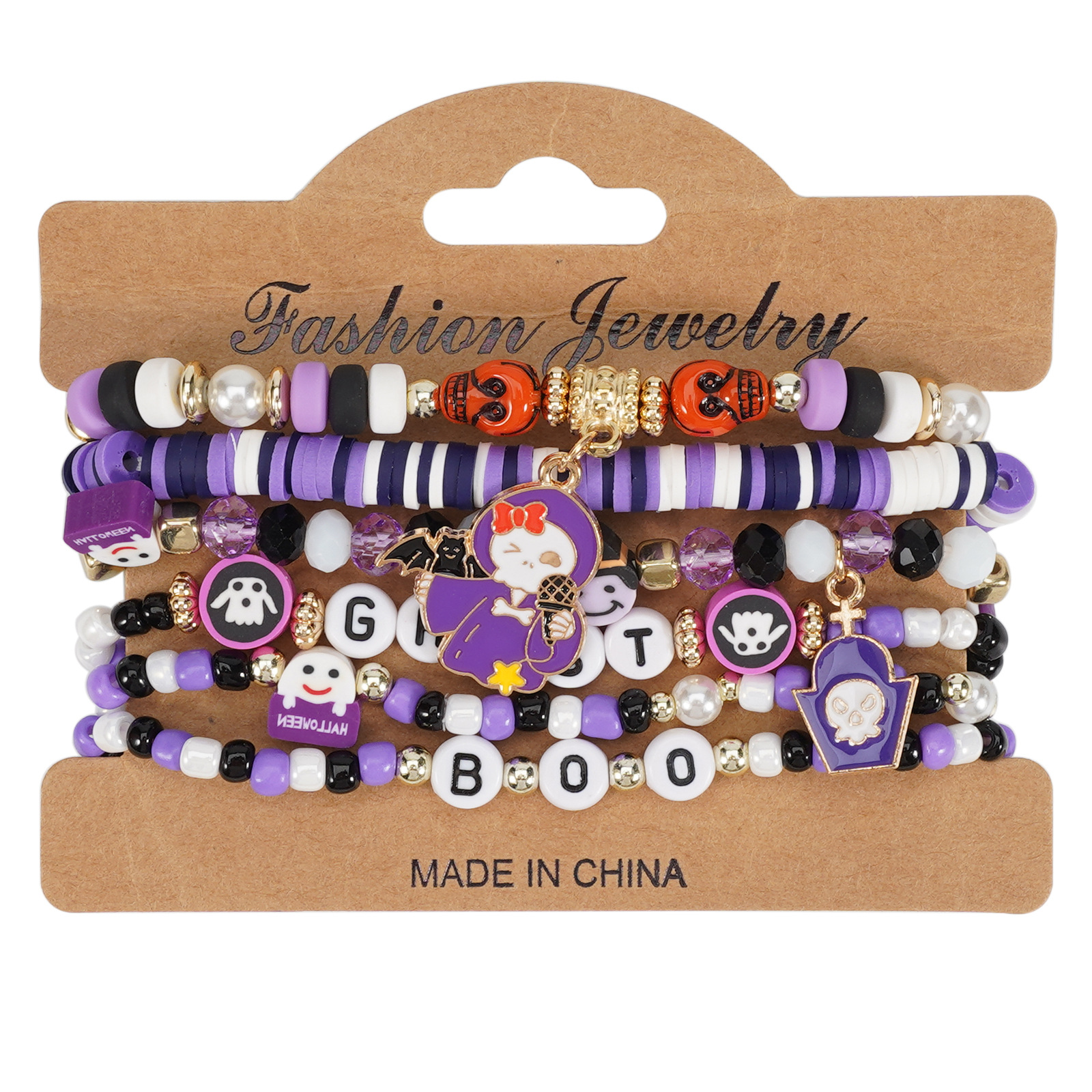 Halloween Beaded Bracelet with Ghost Pendant