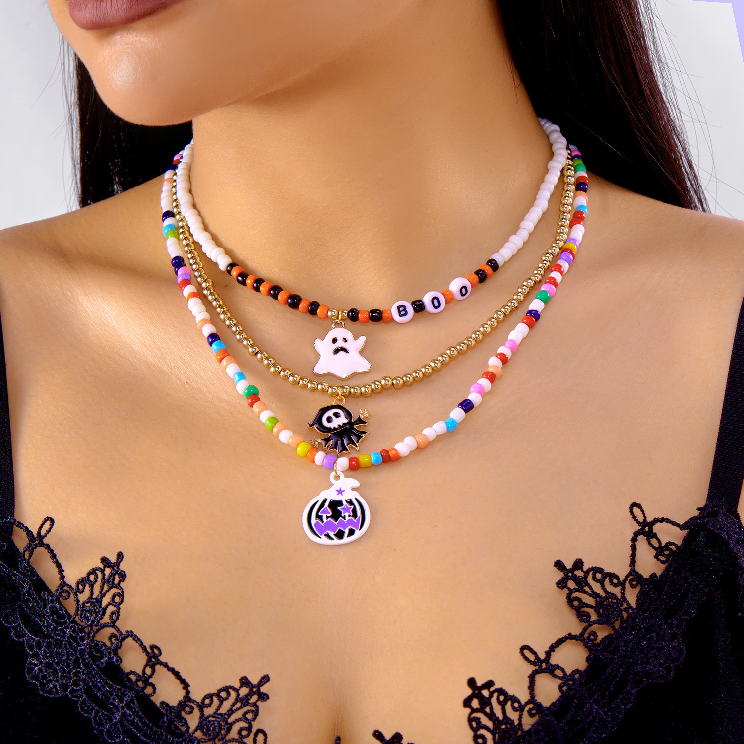 Halloween Beaded Ghost Pumpkin Pendant Necklace