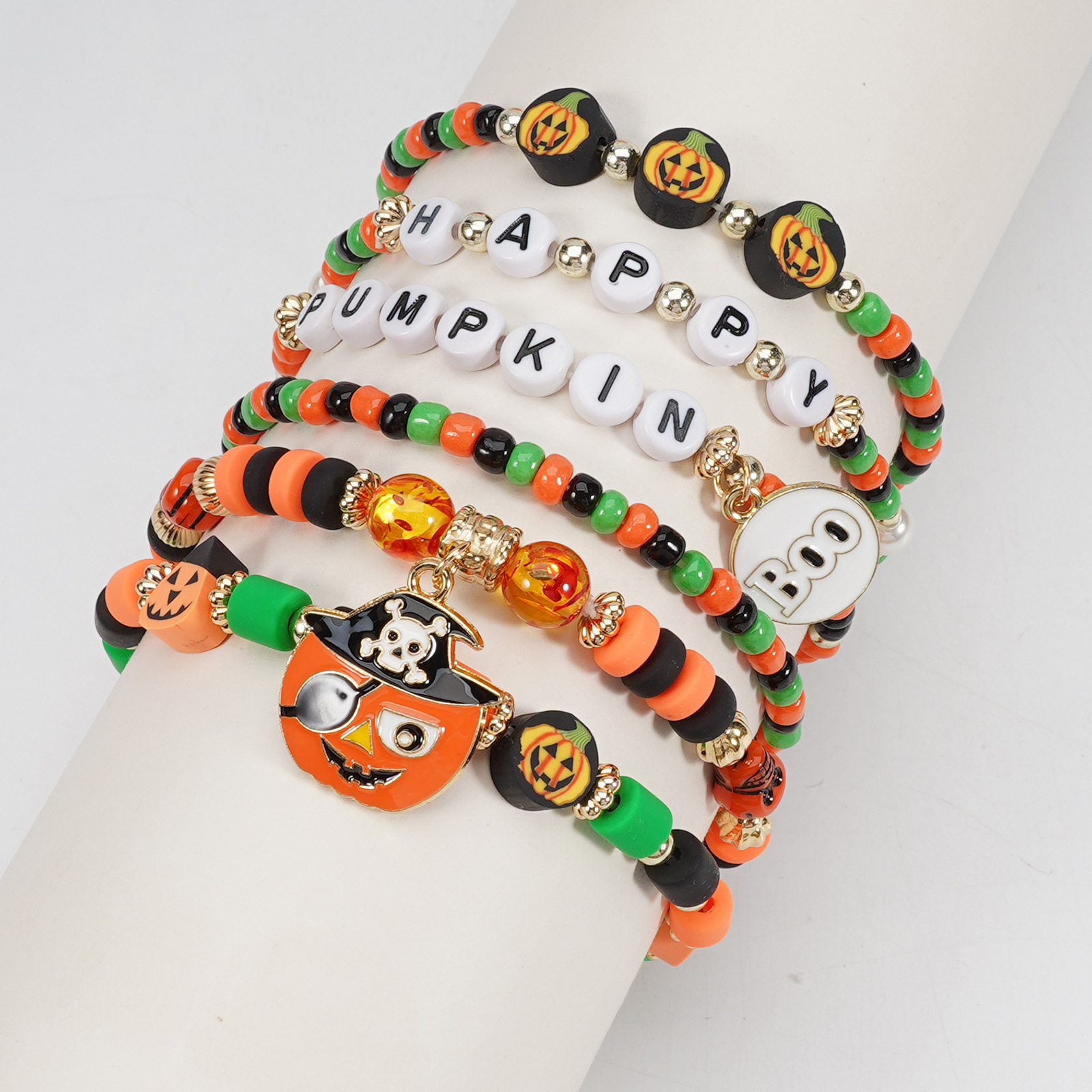 Halloween Beaded Bracelet with Ghost Pendant