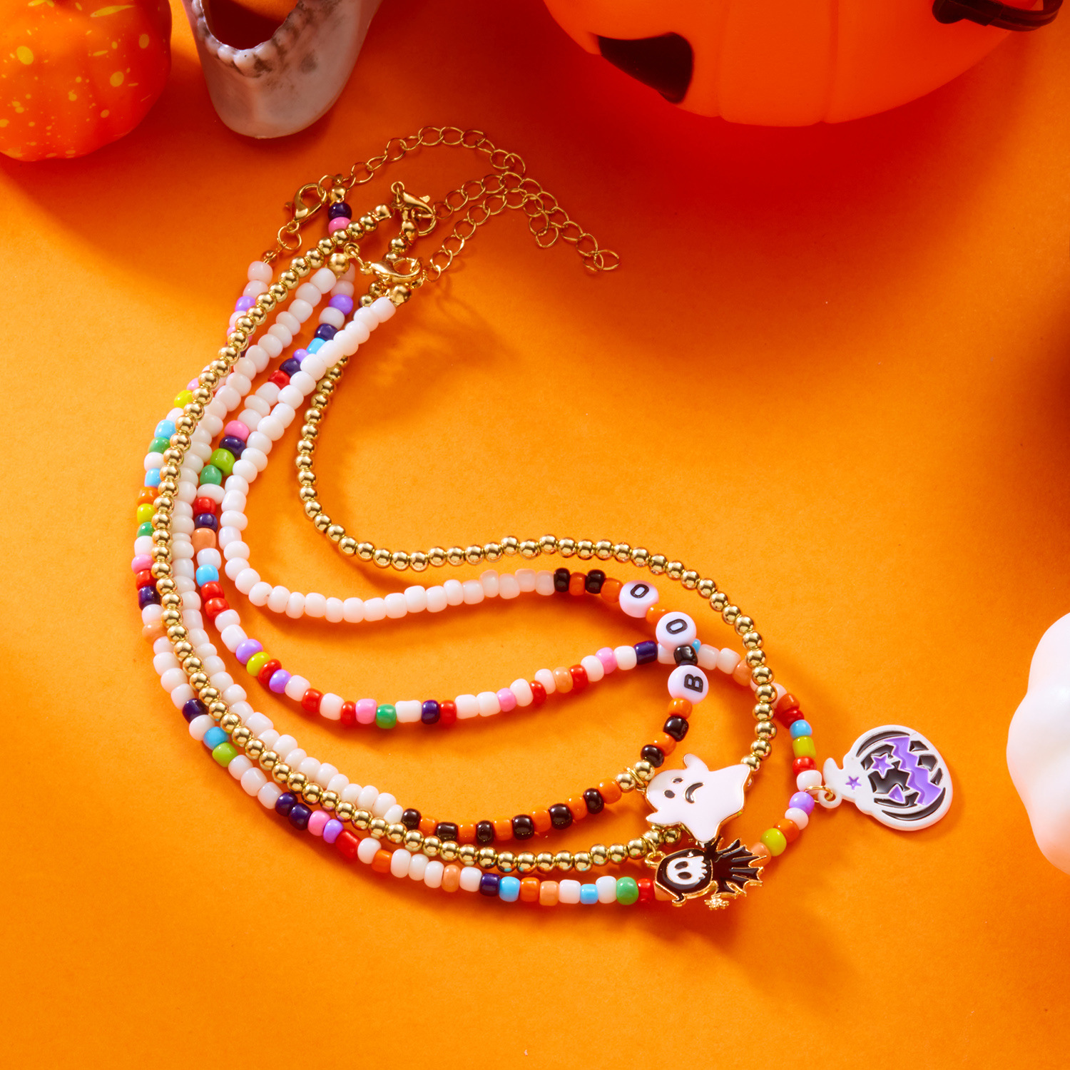 Halloween Beaded Ghost Pumpkin Pendant Necklace
