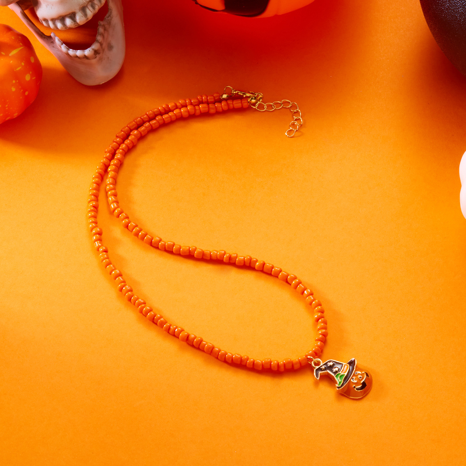 Halloween Beaded Ghost Pumpkin Pendant Necklace