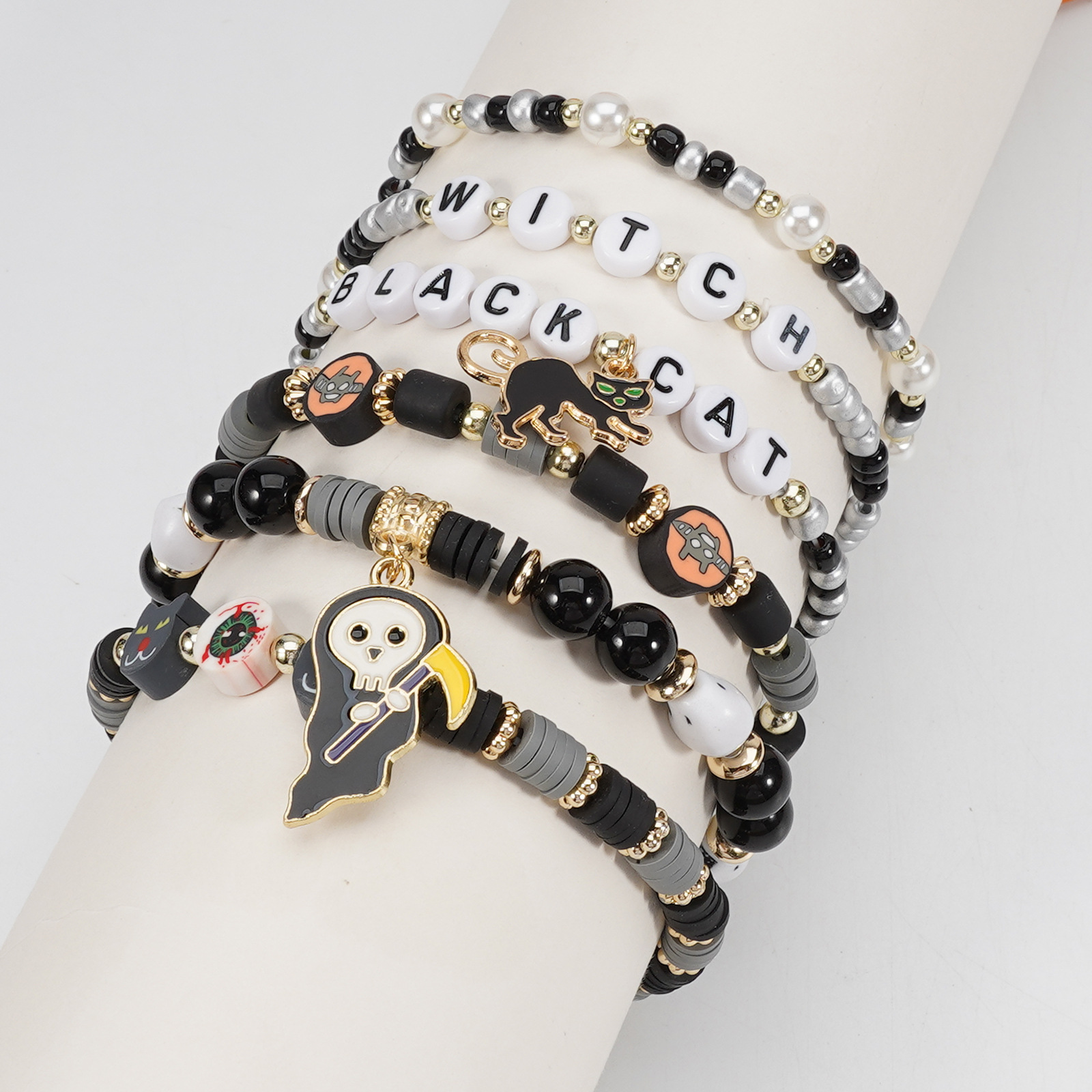 Halloween Beaded Bracelet with Ghost Pendant