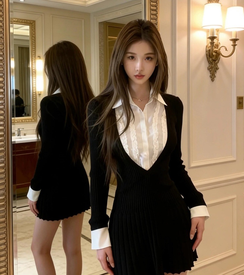 Black and white layered-look shirt dress front view