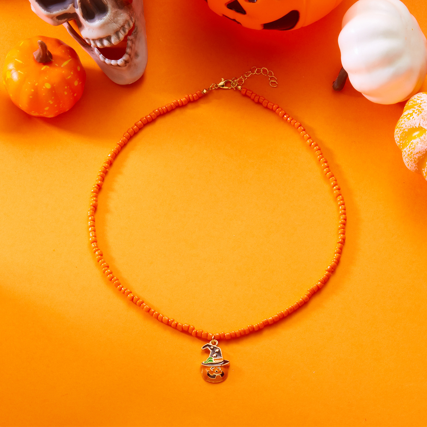 Halloween Beaded Ghost Pumpkin Pendant Necklace