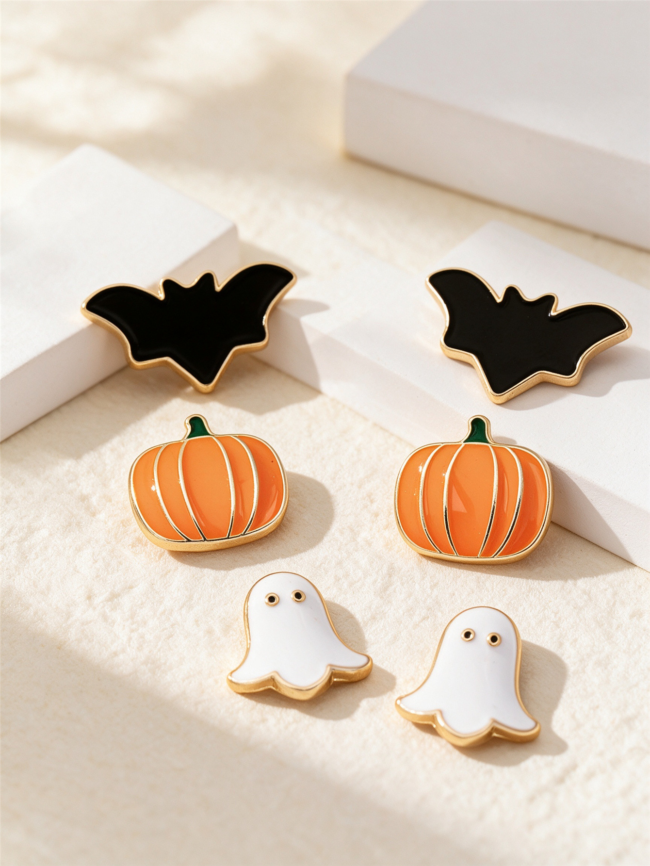 Halloween cute fun pumpkin ghost bat oil earrings three-piece set