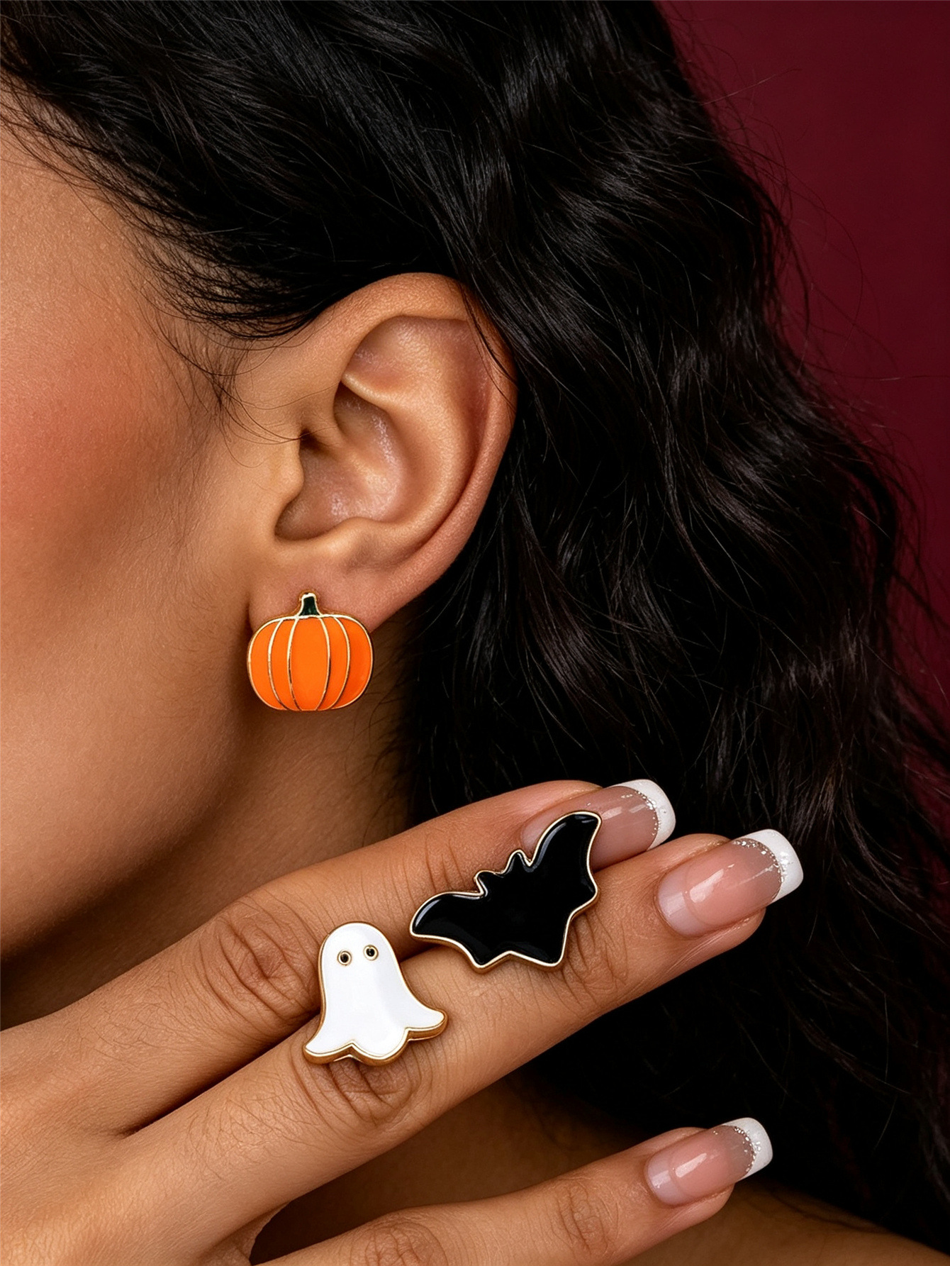 Halloween cute fun pumpkin ghost bat oil earrings three-piece set