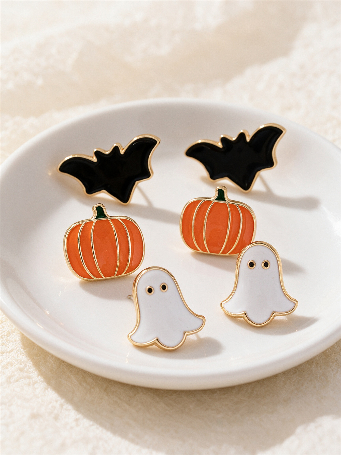 Halloween cute fun pumpkin ghost bat oil earrings three-piece set