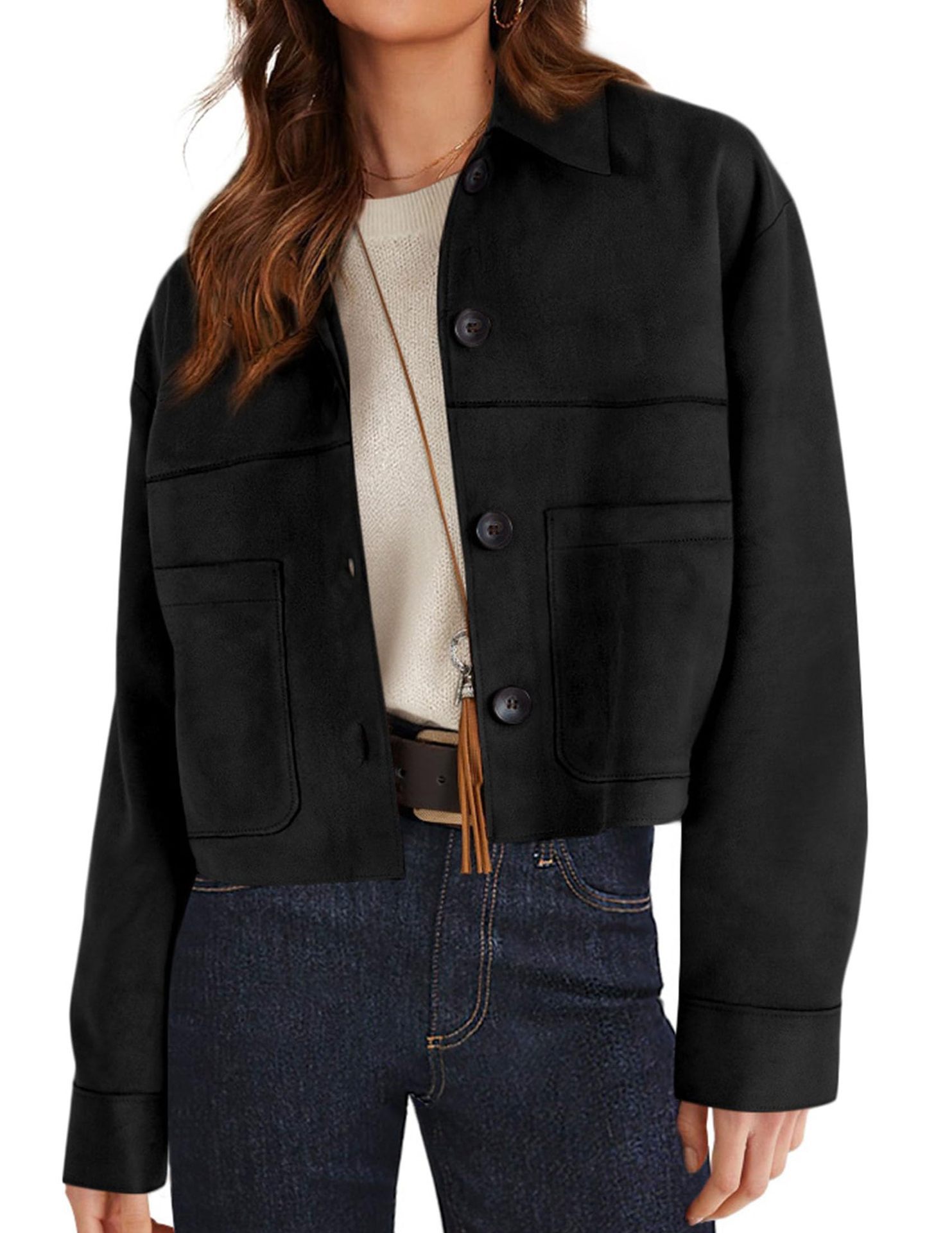 Suede-look lapel jacket front view