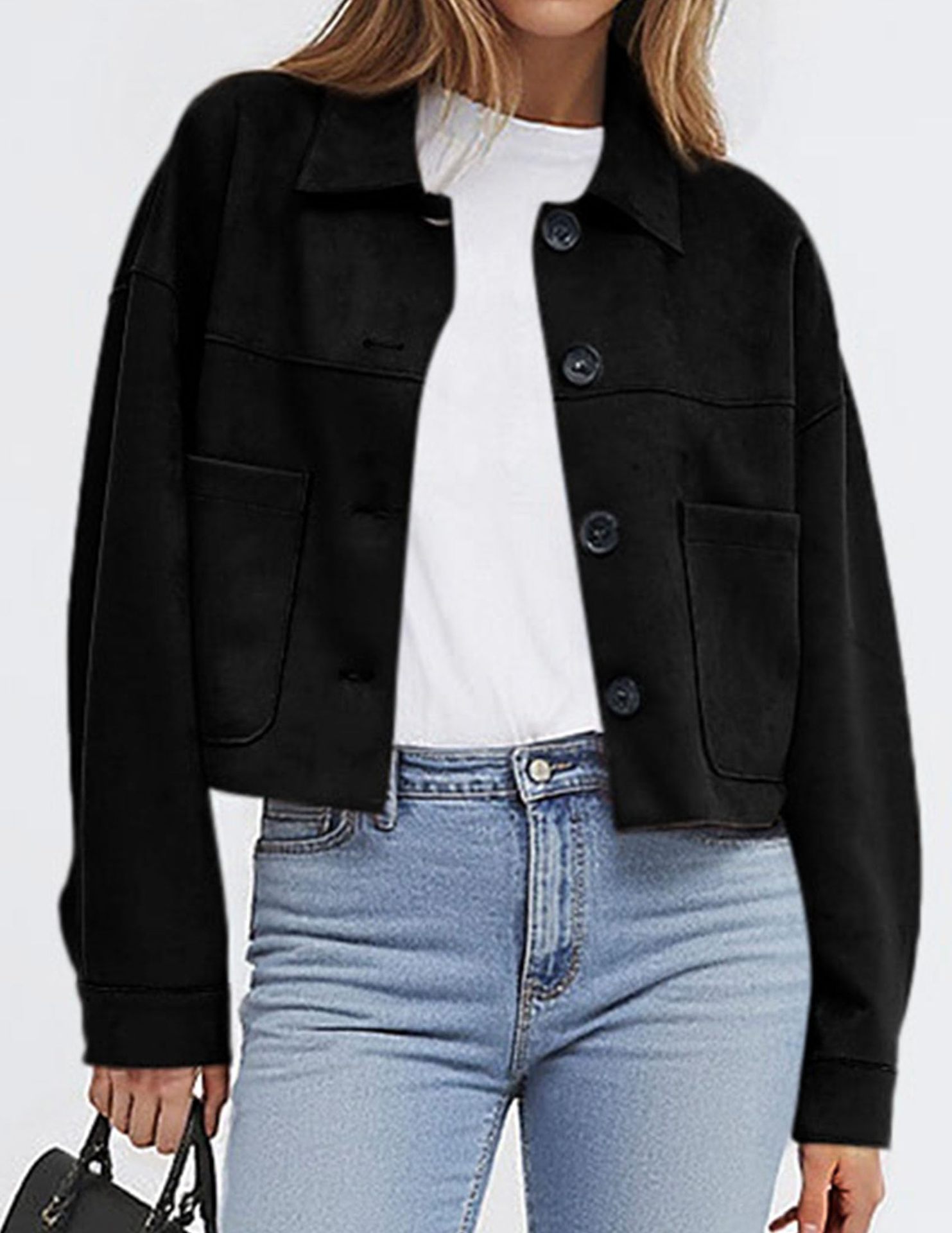 Women’s short button jacket side view