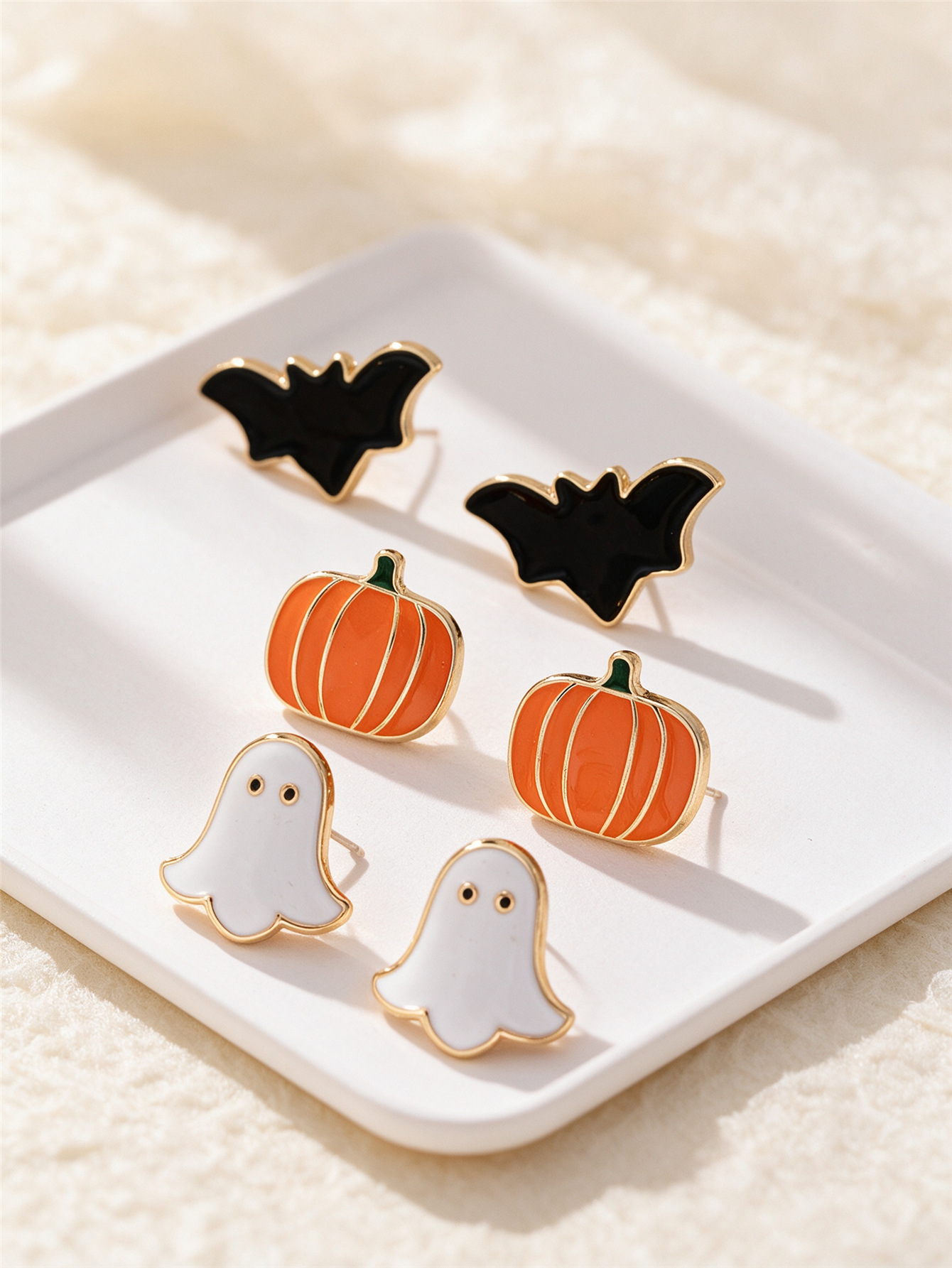 Halloween cute fun pumpkin ghost bat oil earrings three-piece set