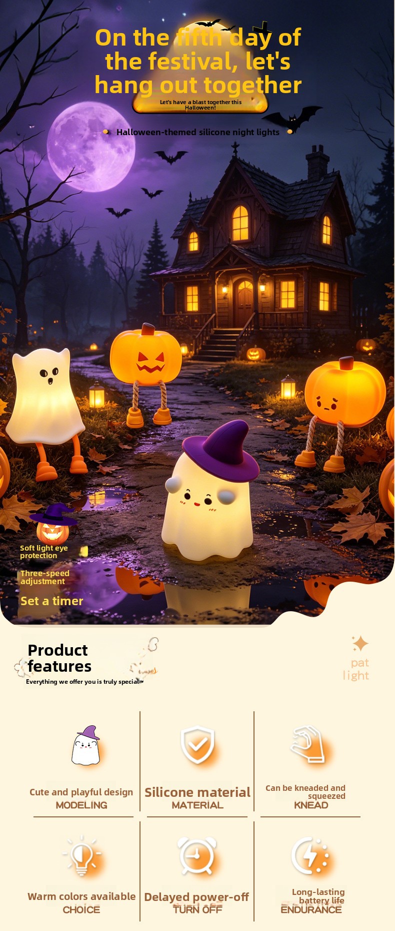 Halloween Pumpkin Silicone Night Light with Touch Control